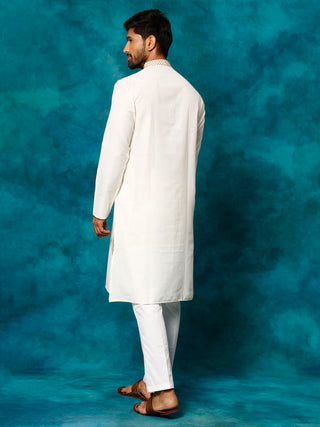 VASTRAMAY Men's Cream And White Cotton Blend Kurta Pyjama Set
