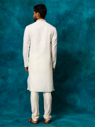 VASTRAMAY Men's Cream Cotton Blend Kurta Pyjama Set
