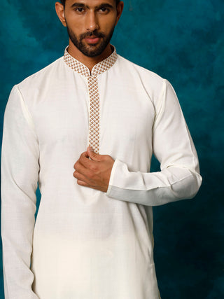 VASTRAMAY Men's Cream Cotton Blend Kurta Pyjama Set