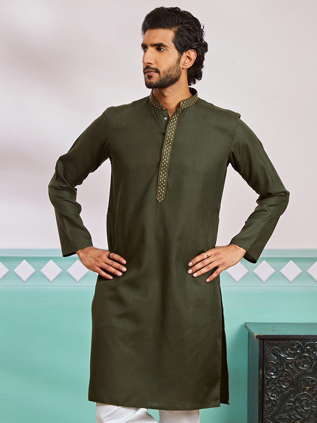 Men's Mehendi Green Cotton Blend Kurta