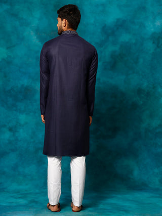 VASTRAMAY Men's Navy Blue And White Cotton Blend Kurta Pyjama Set