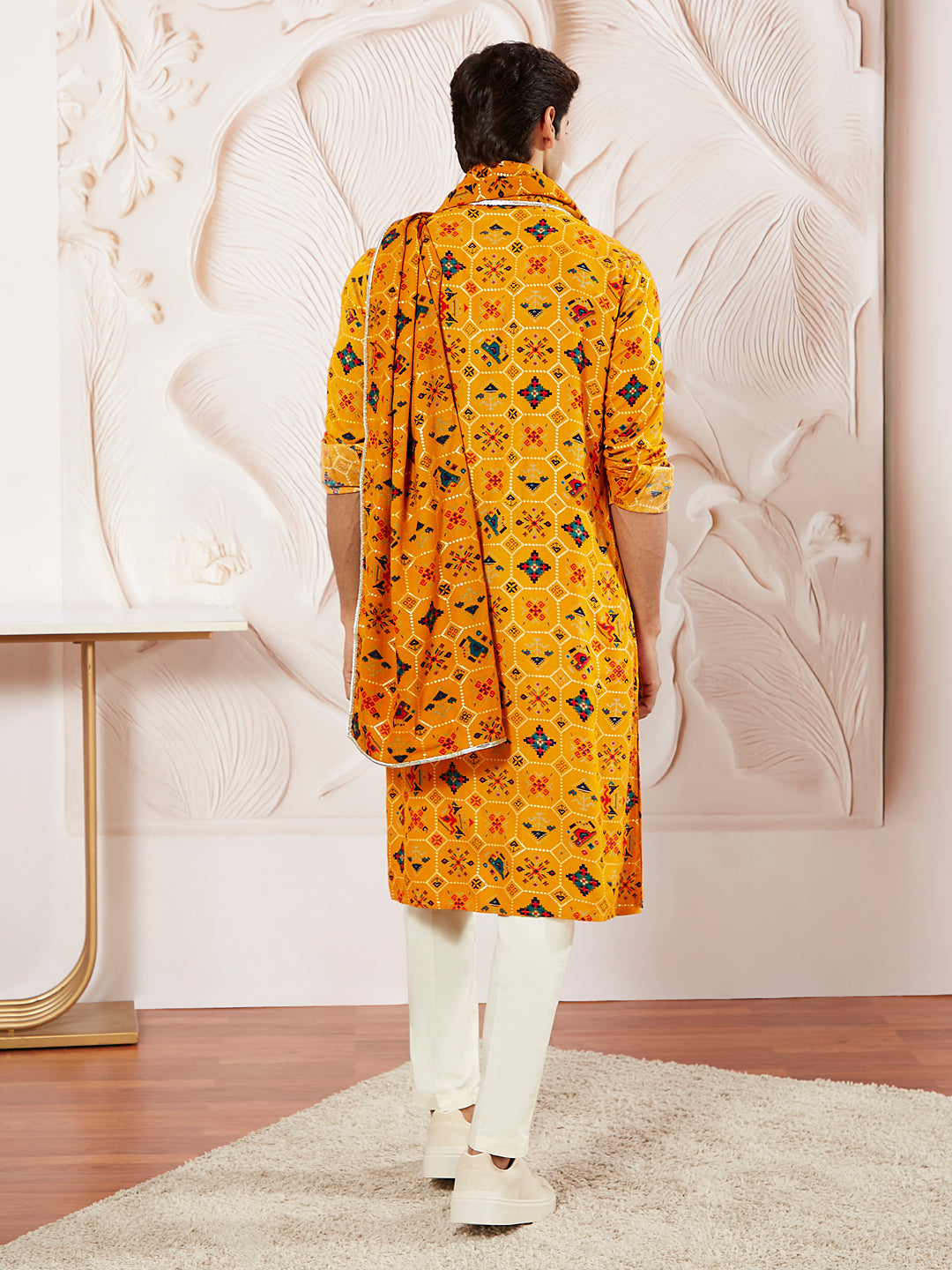 Men's Yellow And Cream Rayon Kurta Pyjama And Dupatta Set
