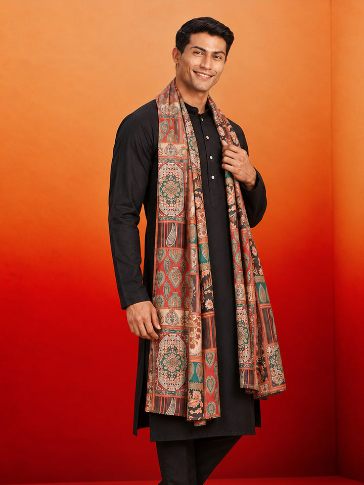 Men Black Silk Blend Kurta With Dupatta Only Festive, Indated Traditions, Wedding, Durga Puja, Festive Glitz Ethnic Wear
