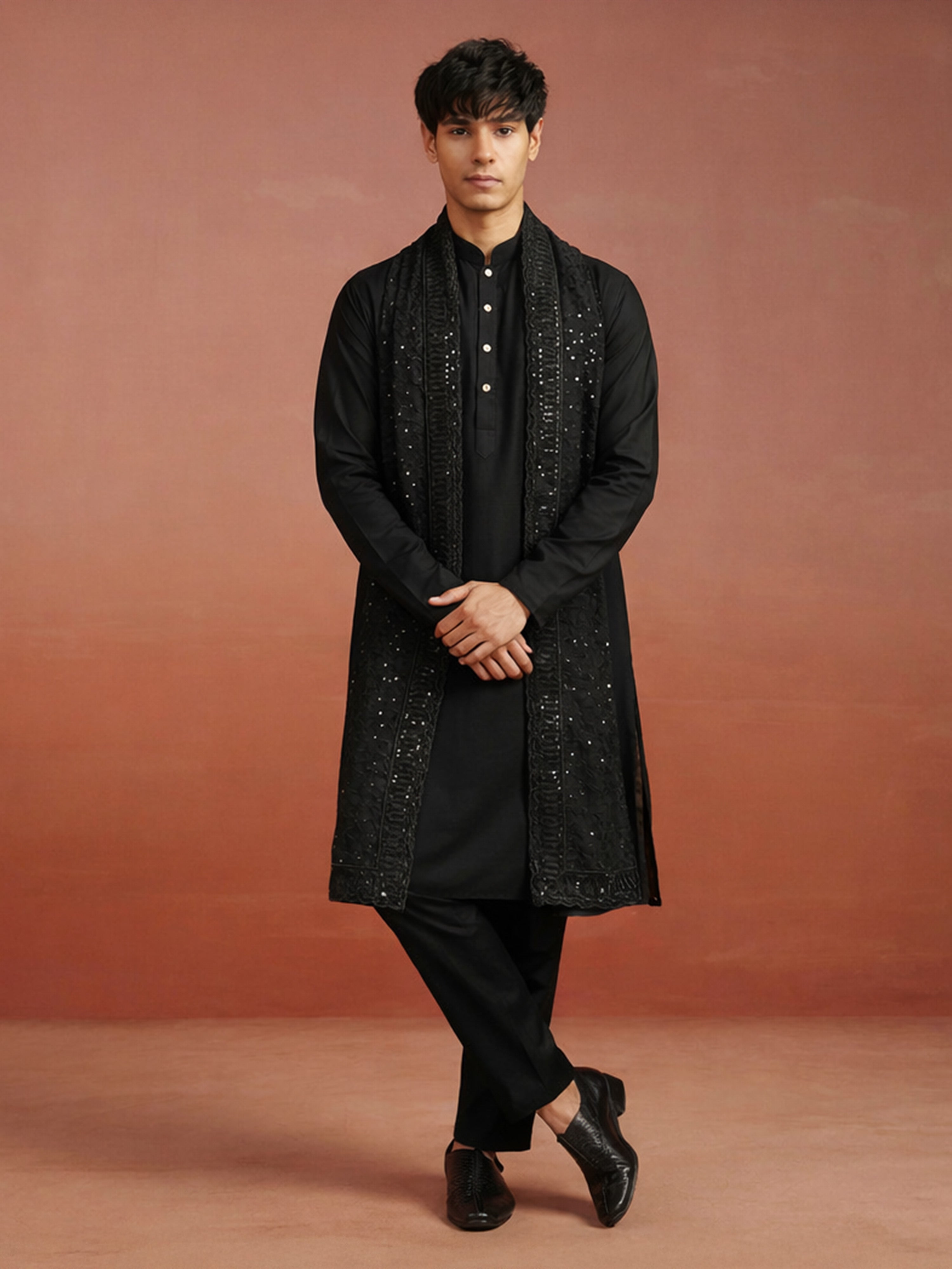 Men Black Solid Silk Blend Kurta with Pyjama & Georgette Thread Work Dupatta Set