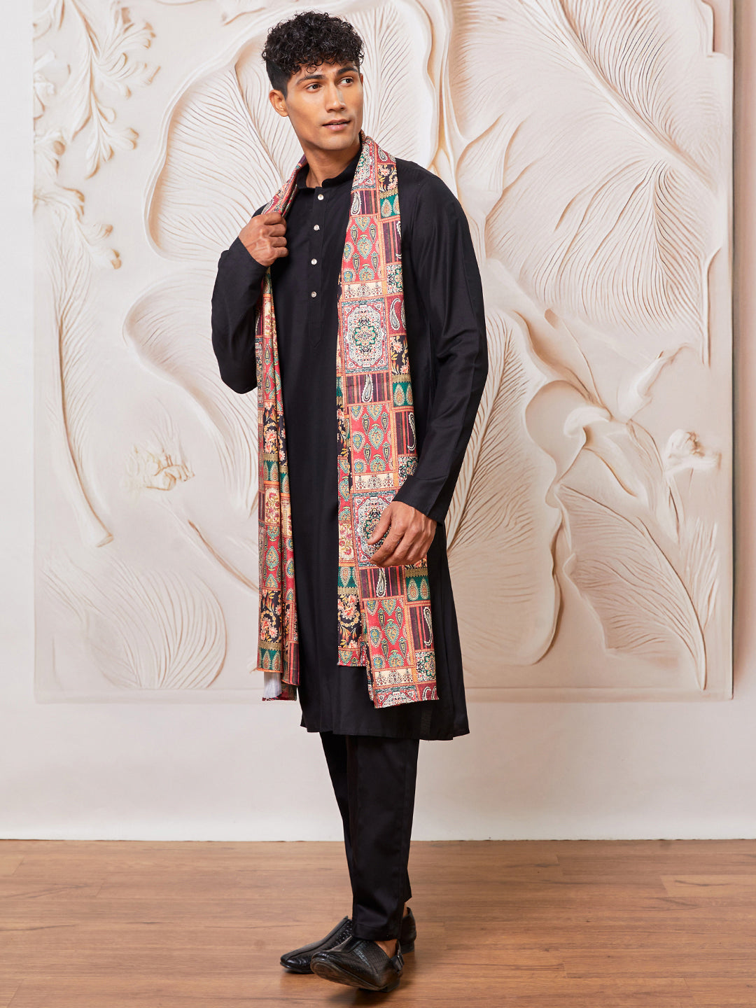 Men's Black Viscose Kurta Pant And Dupatta Set