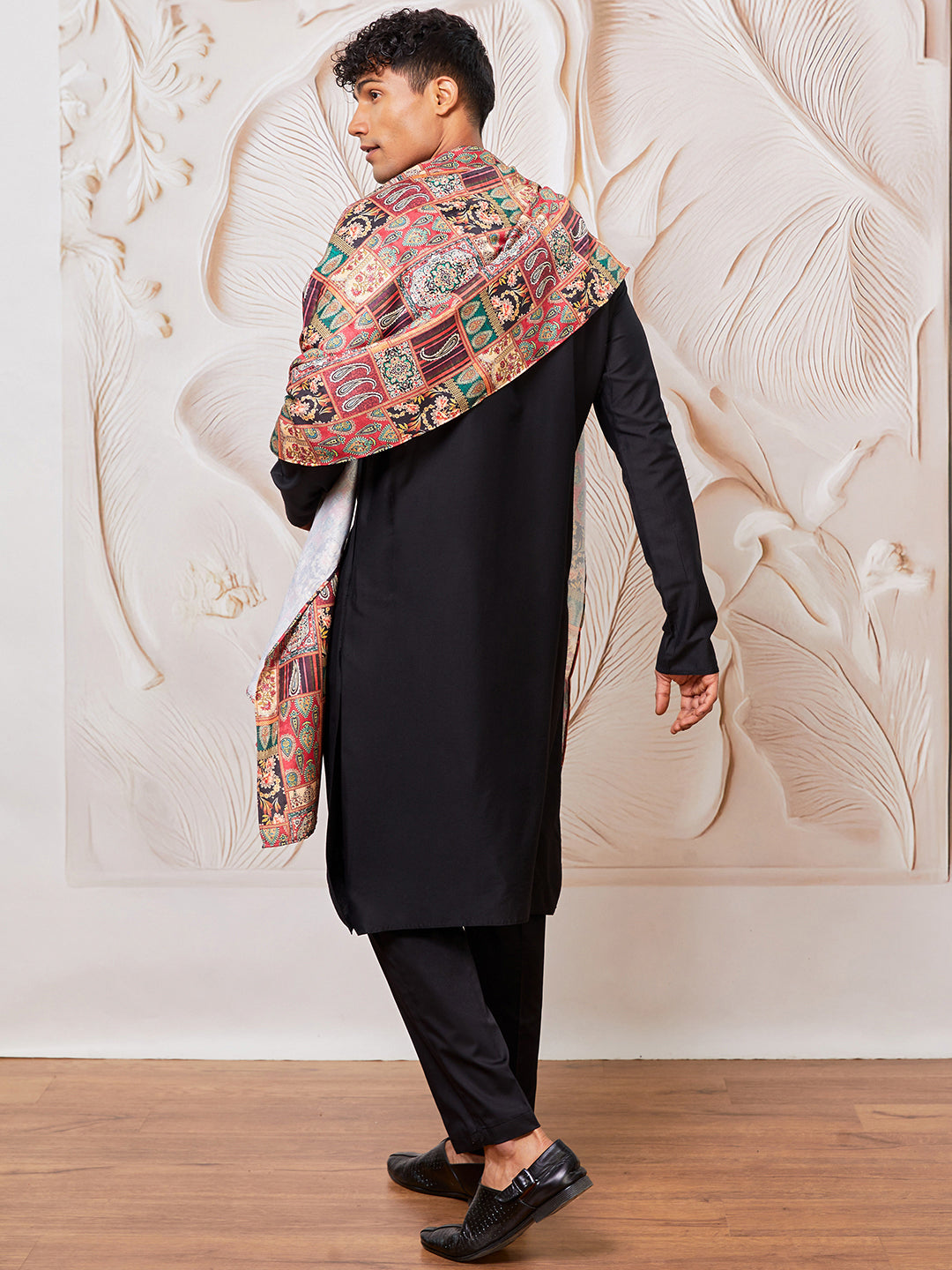 Men's Black Viscose Kurta Pant And Dupatta Set