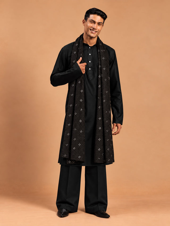 Men Black Silk Blend Kurta &amp; Wide Leg Pant With Dupatta Festive, Indated Traditions, Wedding, Durga Puja, Festive Glitz Ethnic Wear