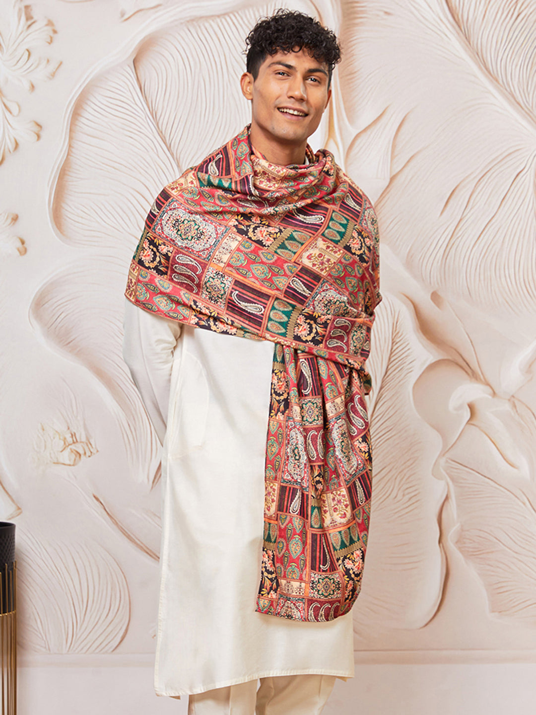 Men Cream Solid Silk Blend Kurta with Multicolour Paisley Print Dupatta Only