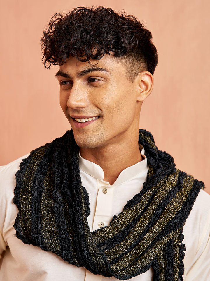 Men Cream Kurta with Solid Bottom &amp; Black Crushed Festive Dupatta