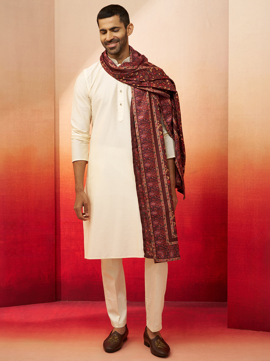 Men Cream Kurta with Solid Bottom & Brown Pashmina Digital Print Dupatta