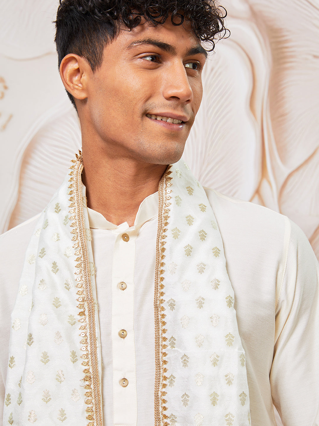 Men's Cream Viscose Kurta, Pant And Dupatta Set