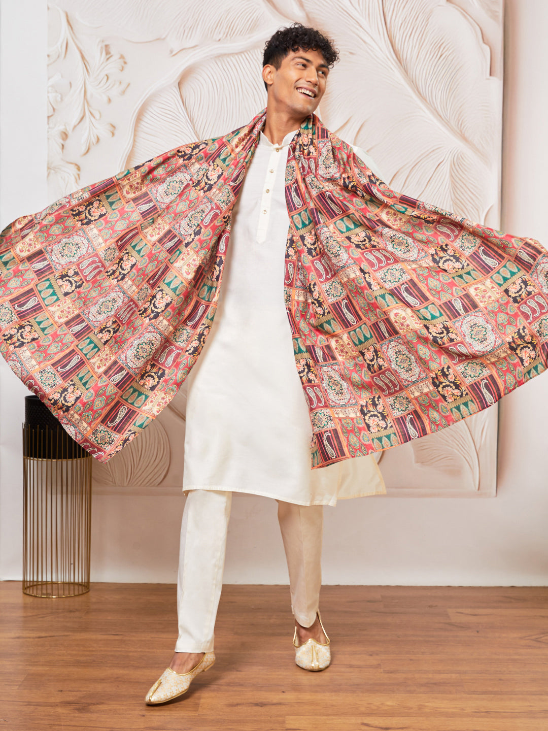 Men's Cream Viscose Kurta, Pant And Dupatta Set