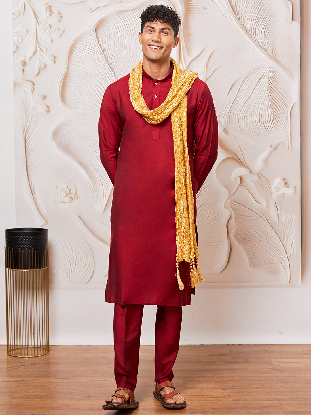 Men's Maroon Viscose Kurta, Pant And Dupatta Set
