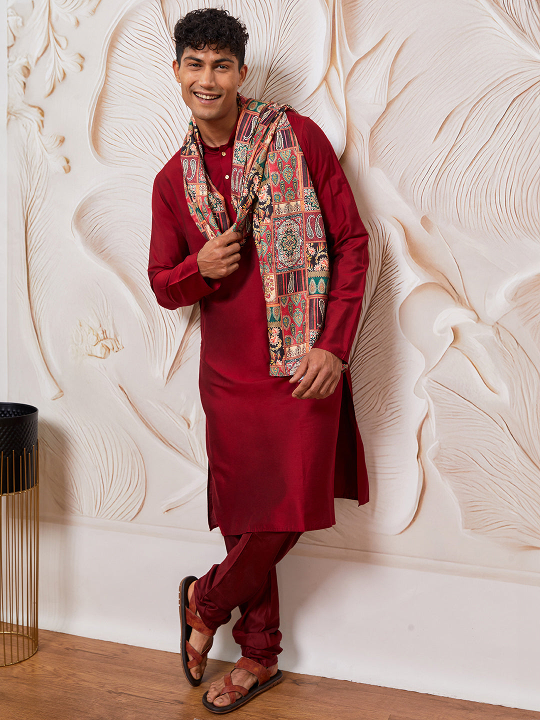 Men's Maroon Viscose Kurta,Pant And Dupatta Set