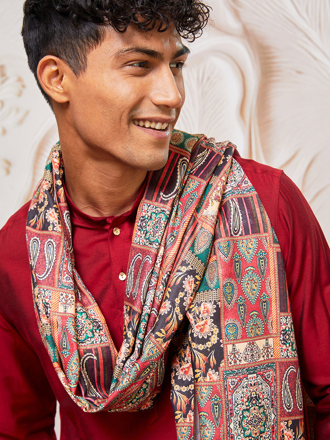 Men's Maroon Viscose Kurta,Pant And Dupatta Set