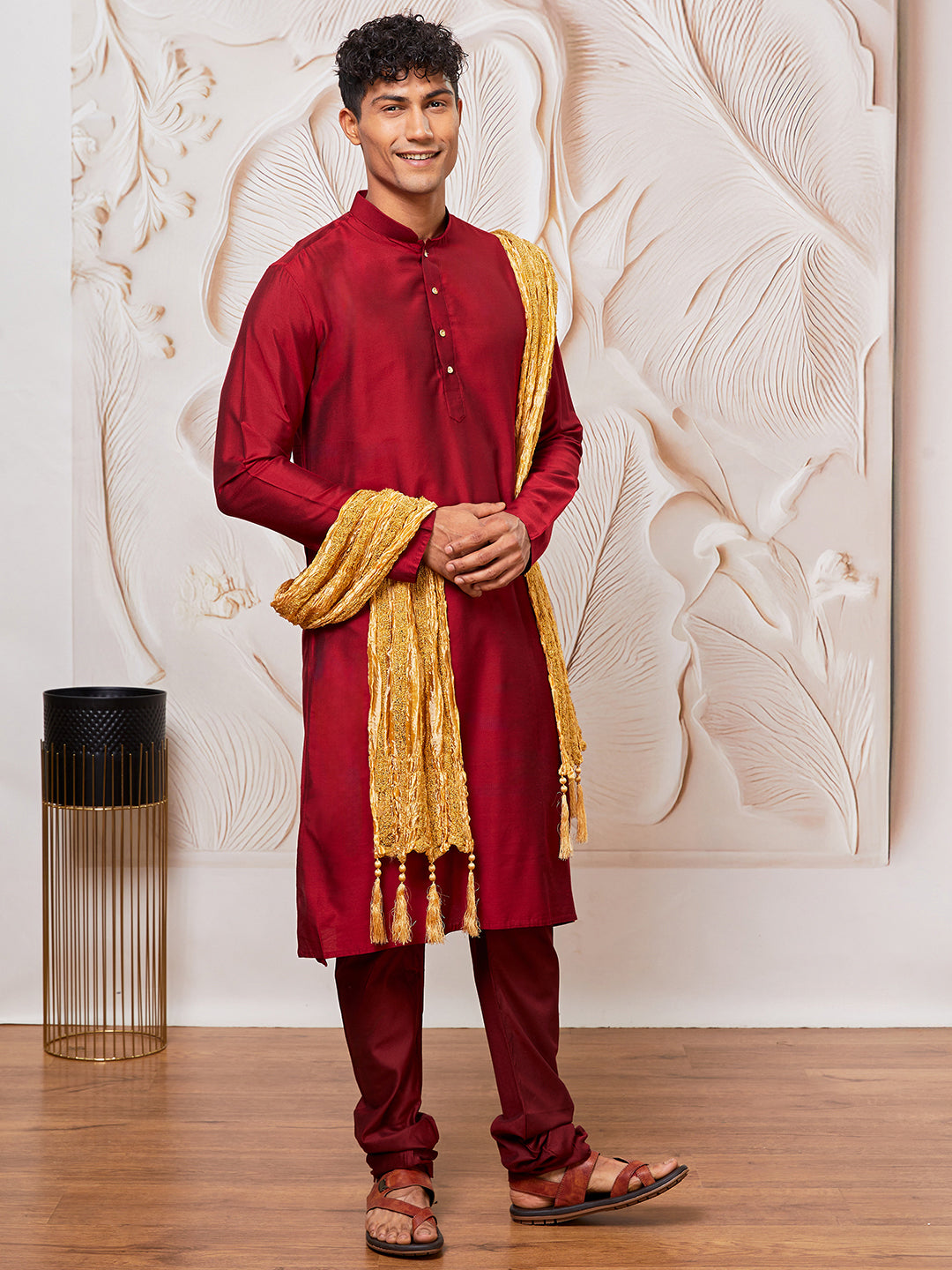 Men's Maroon Viscose Kurta, Pant And Dupatta Set