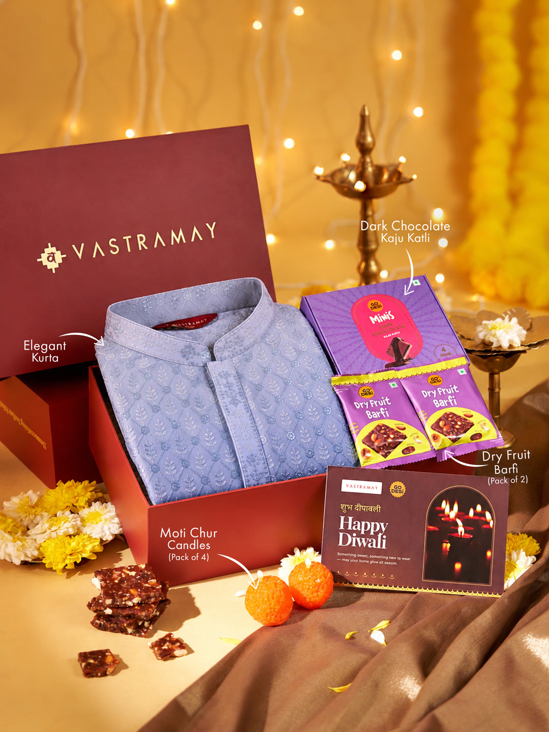 Vastramay Aqua Ombre Embroidered Silk Blend Kurta | Diwali Gift Box with Go Desi Mithai &amp; 4 Laddoo Candles