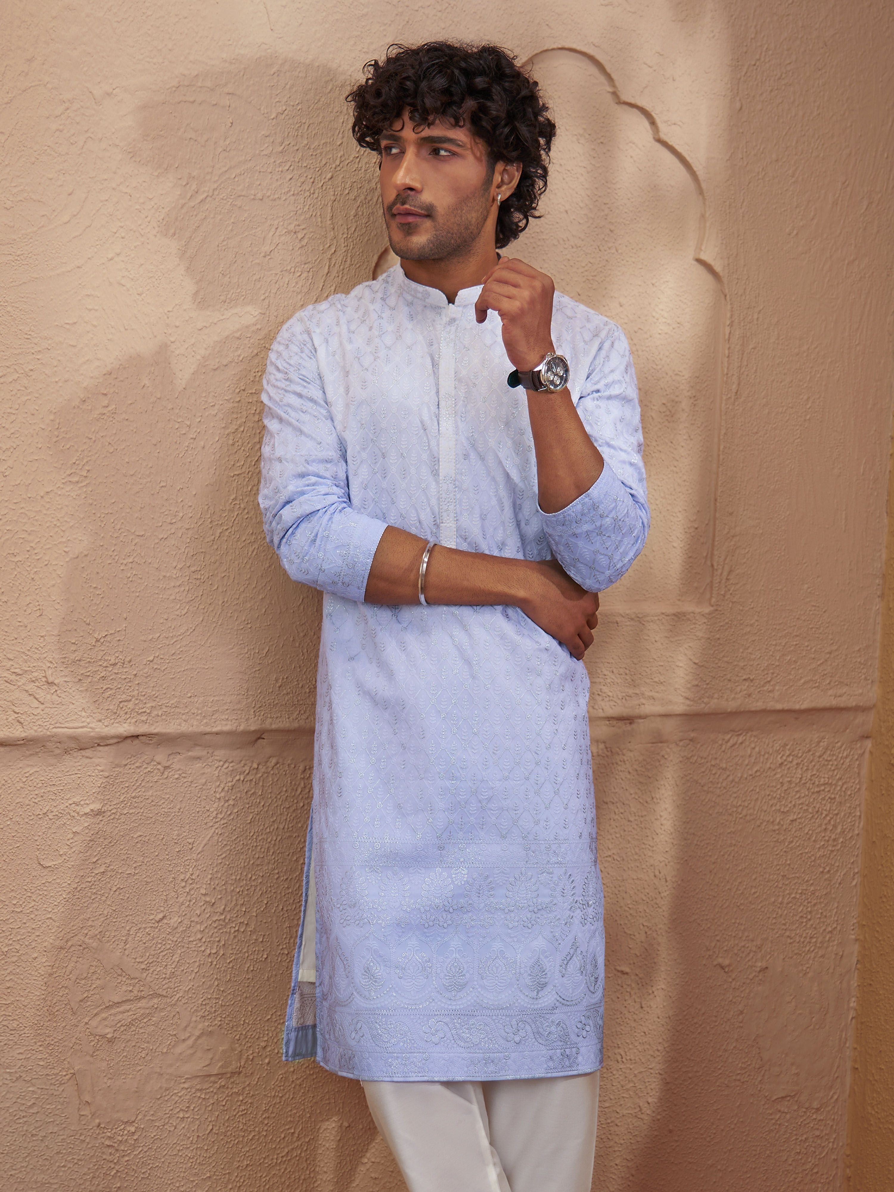 Men Aqua Ombre Embroidered Kurta with Mandarin Collar