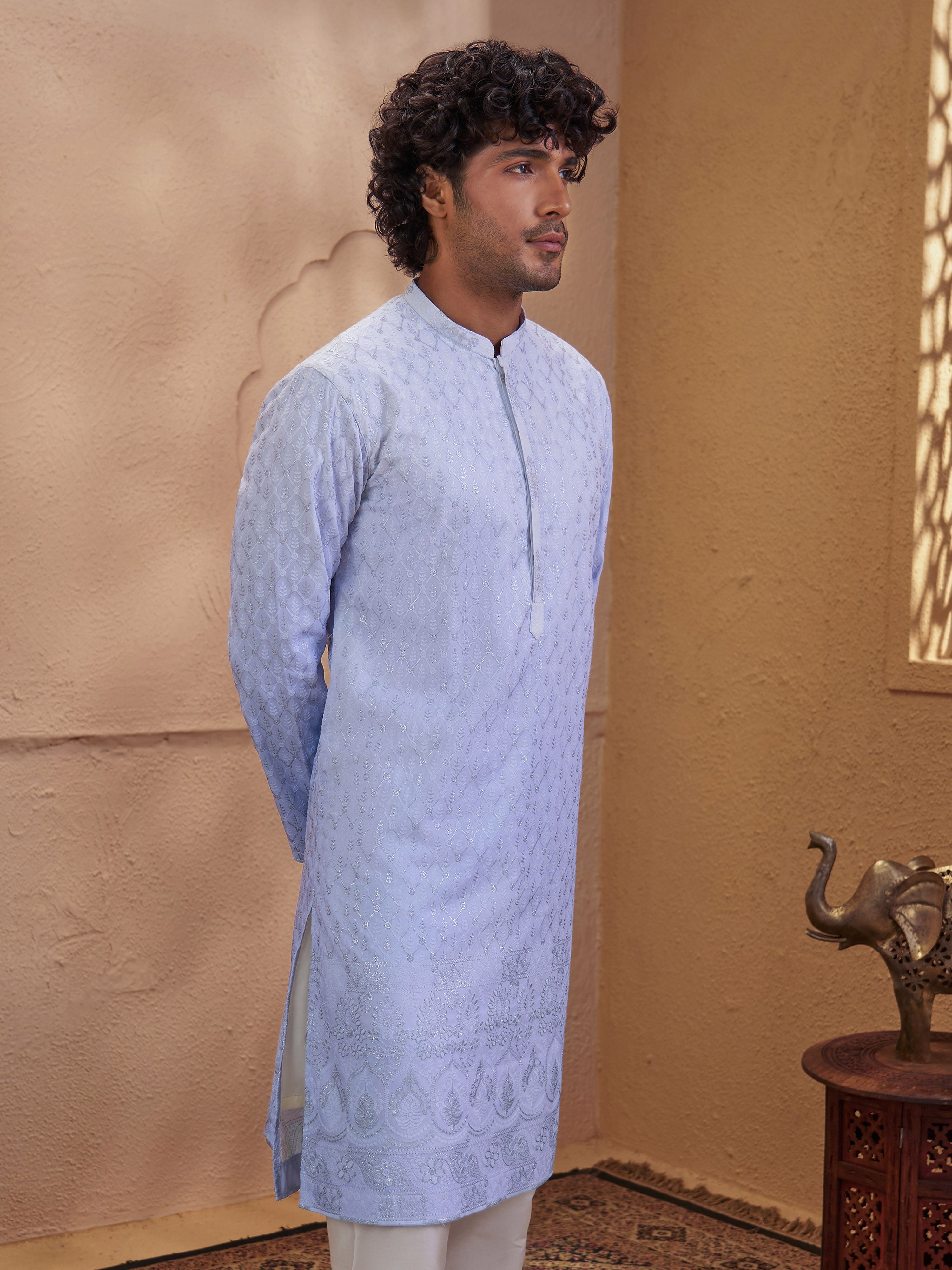 Men's Aqua Woven Fabric Embroidered Thigh Length Kurta
