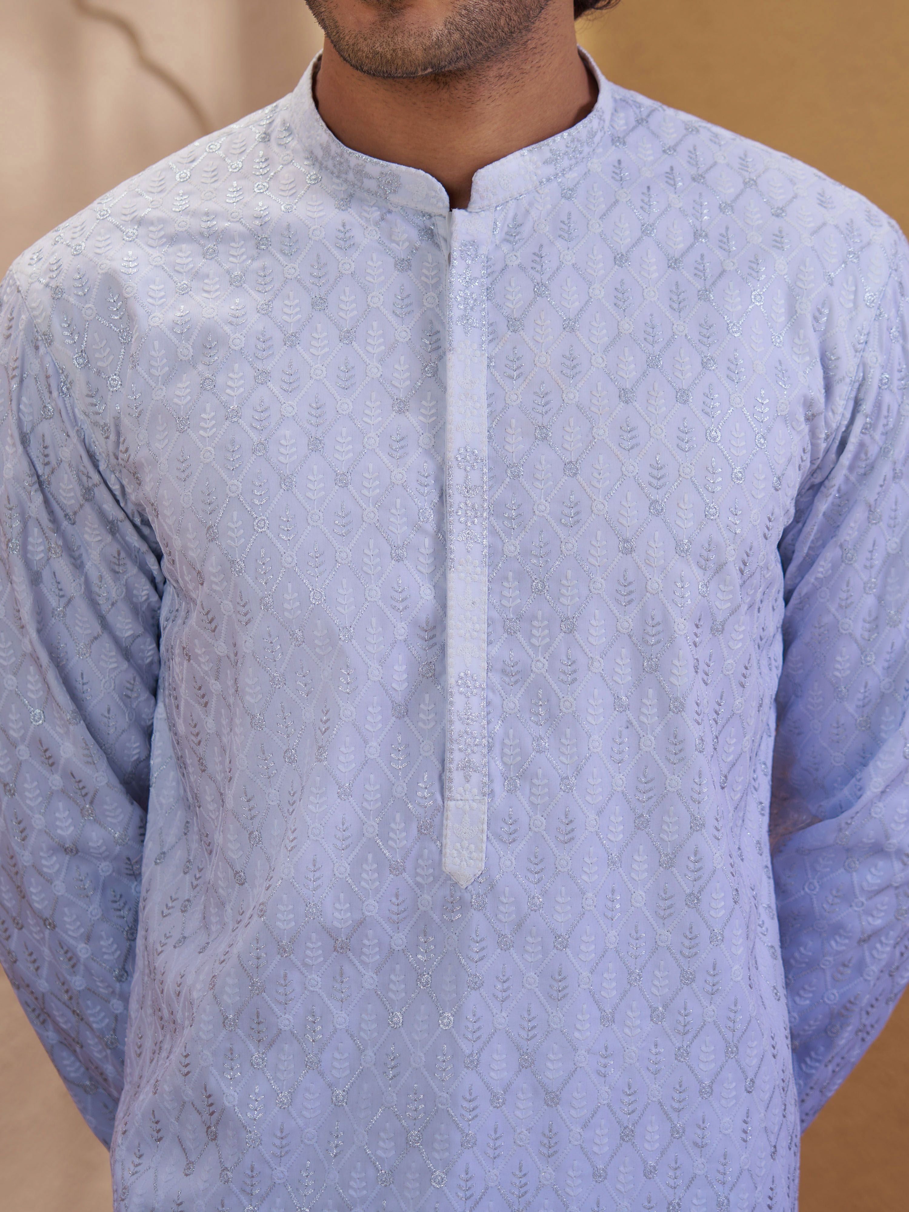 Men's Aqua Viscose Embroidered Thigh Length Kurta With Pyjama
