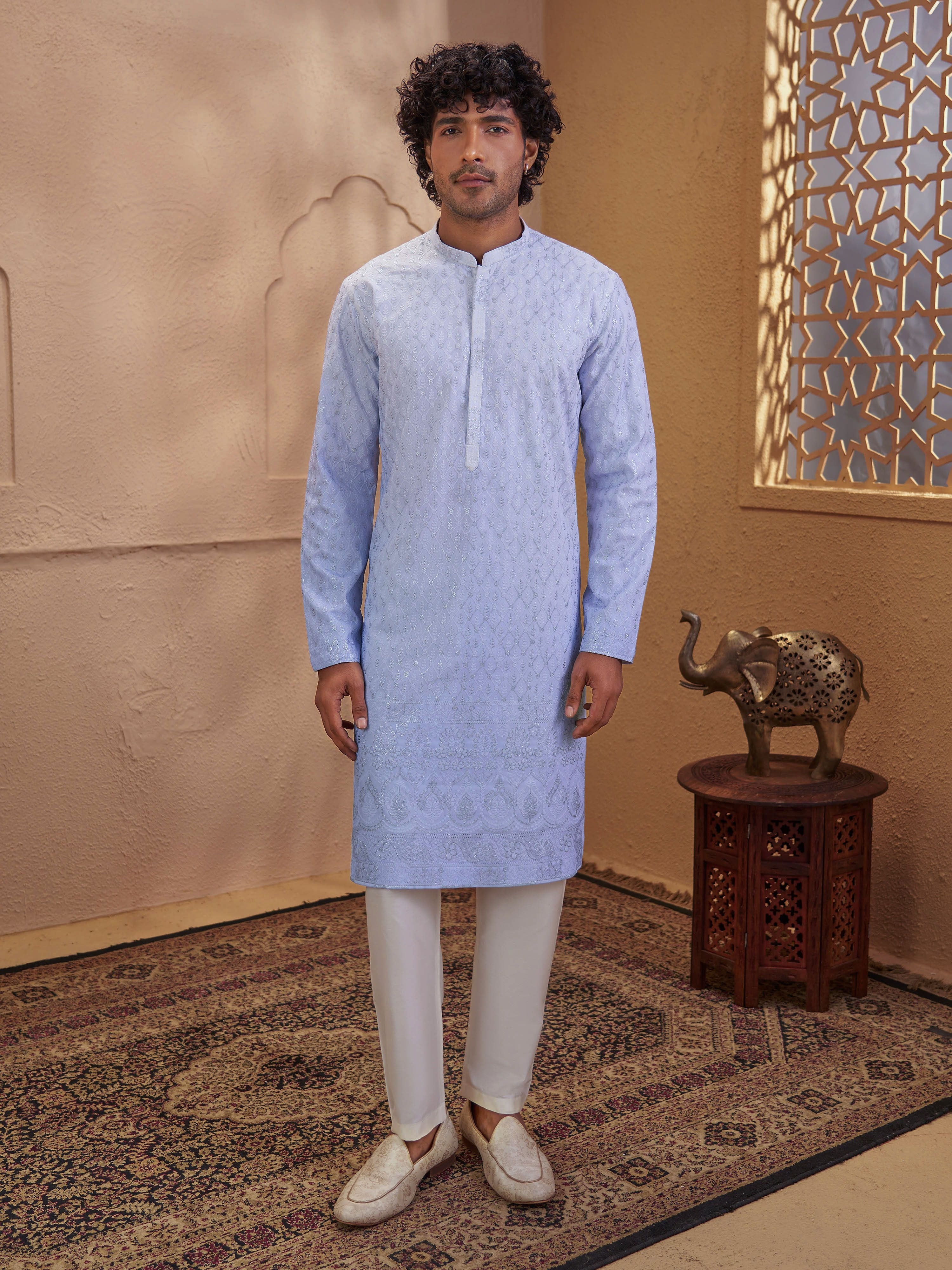 Men's Aqua Viscose Embroidered Thigh Length Kurta With Pyjama