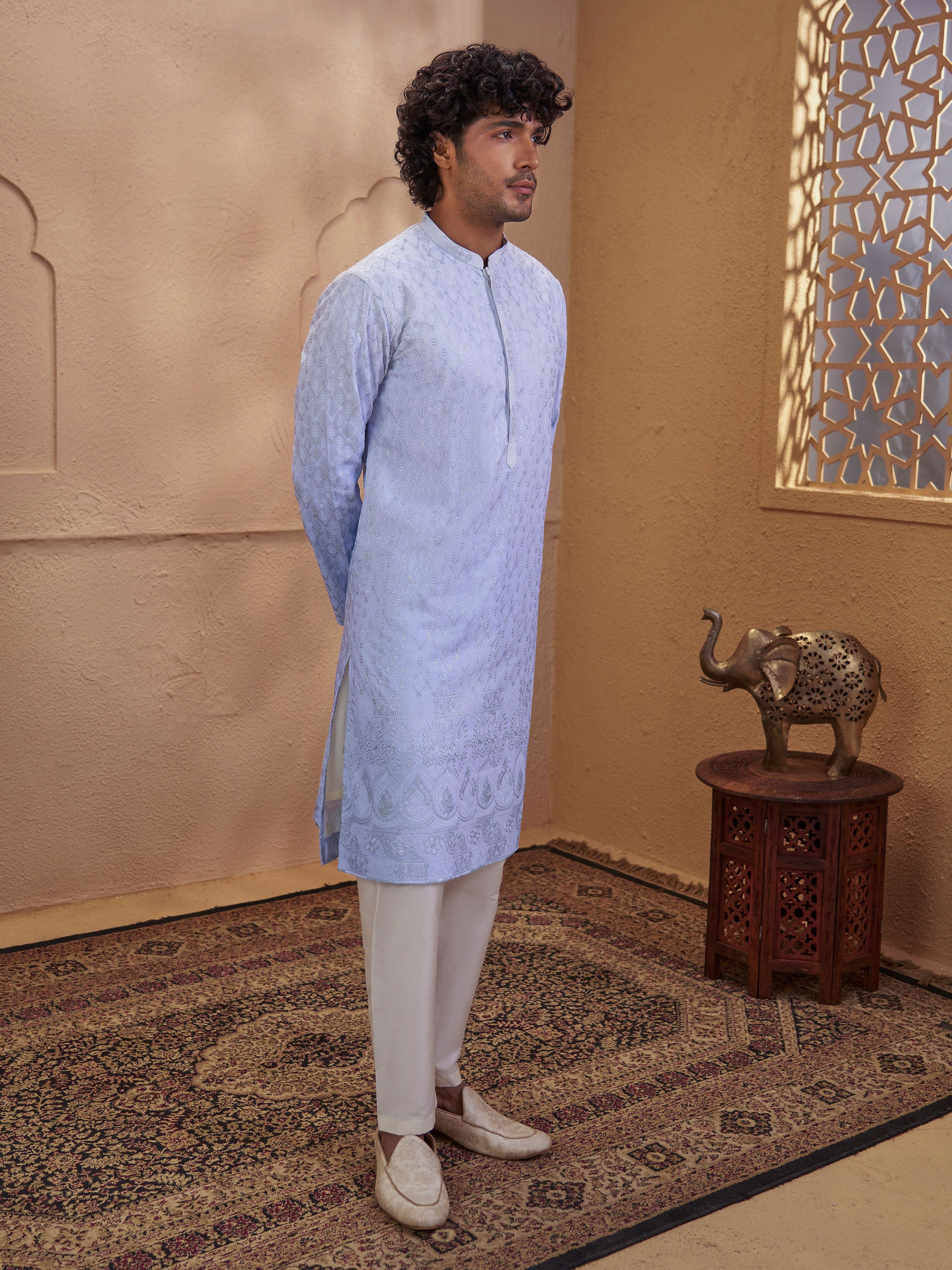 Men's Aqua Viscose Embroidered Thigh Length Kurta With Pyjama