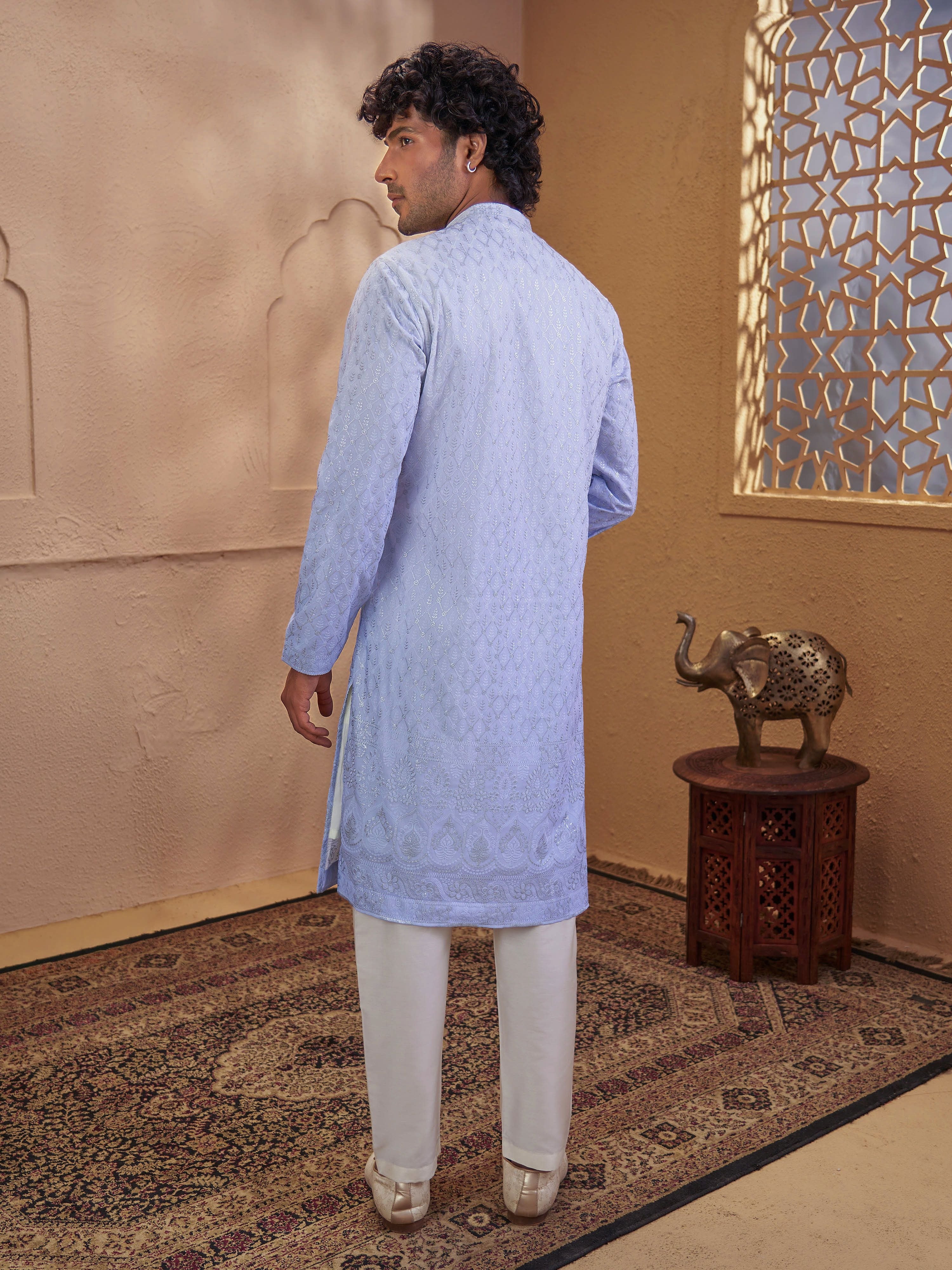 Men's Aqua Viscose Embroidered Thigh Length Kurta With Pyjama