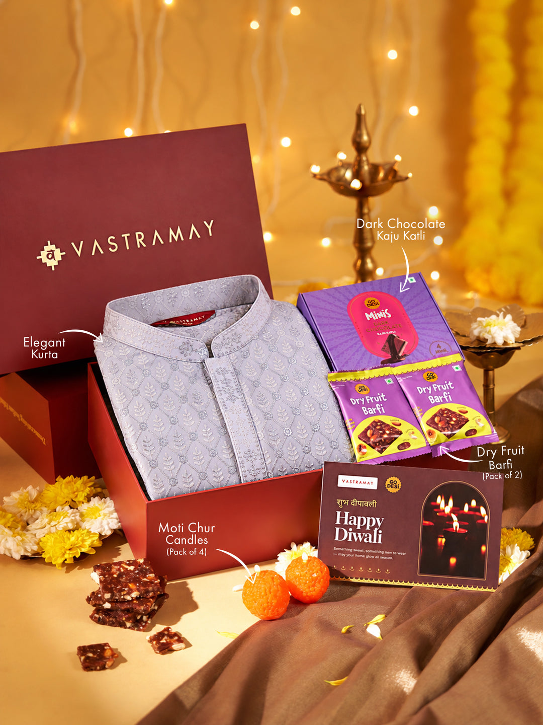 Vastramay Mint Green Ombre Embroidered Silk Blend Kurta | Diwali Gift Box with Go Desi Mithai &amp; 4 Laddoo Candles