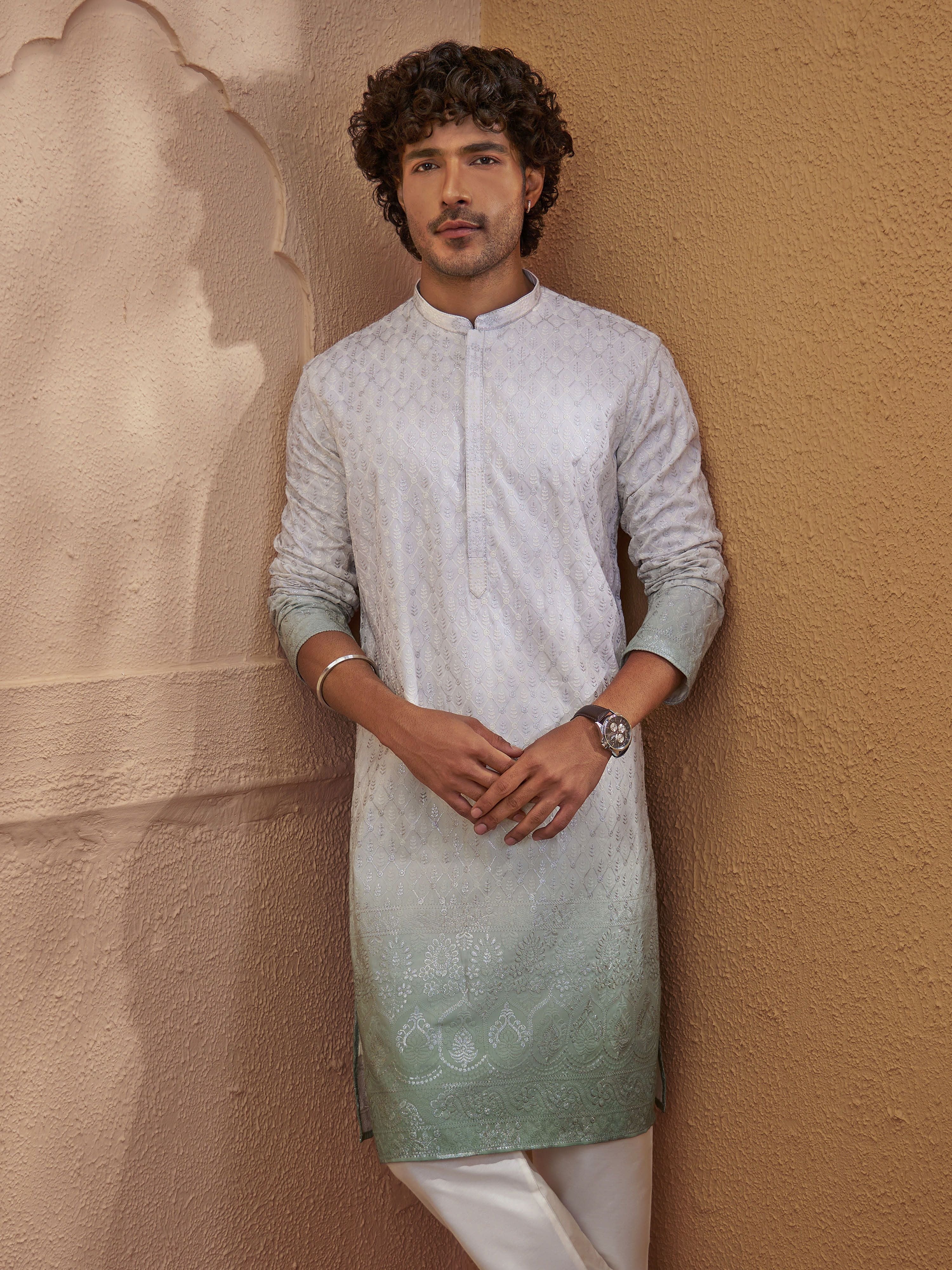 Mint Green Ombre Embroidered Kurta with Mandarin Collar