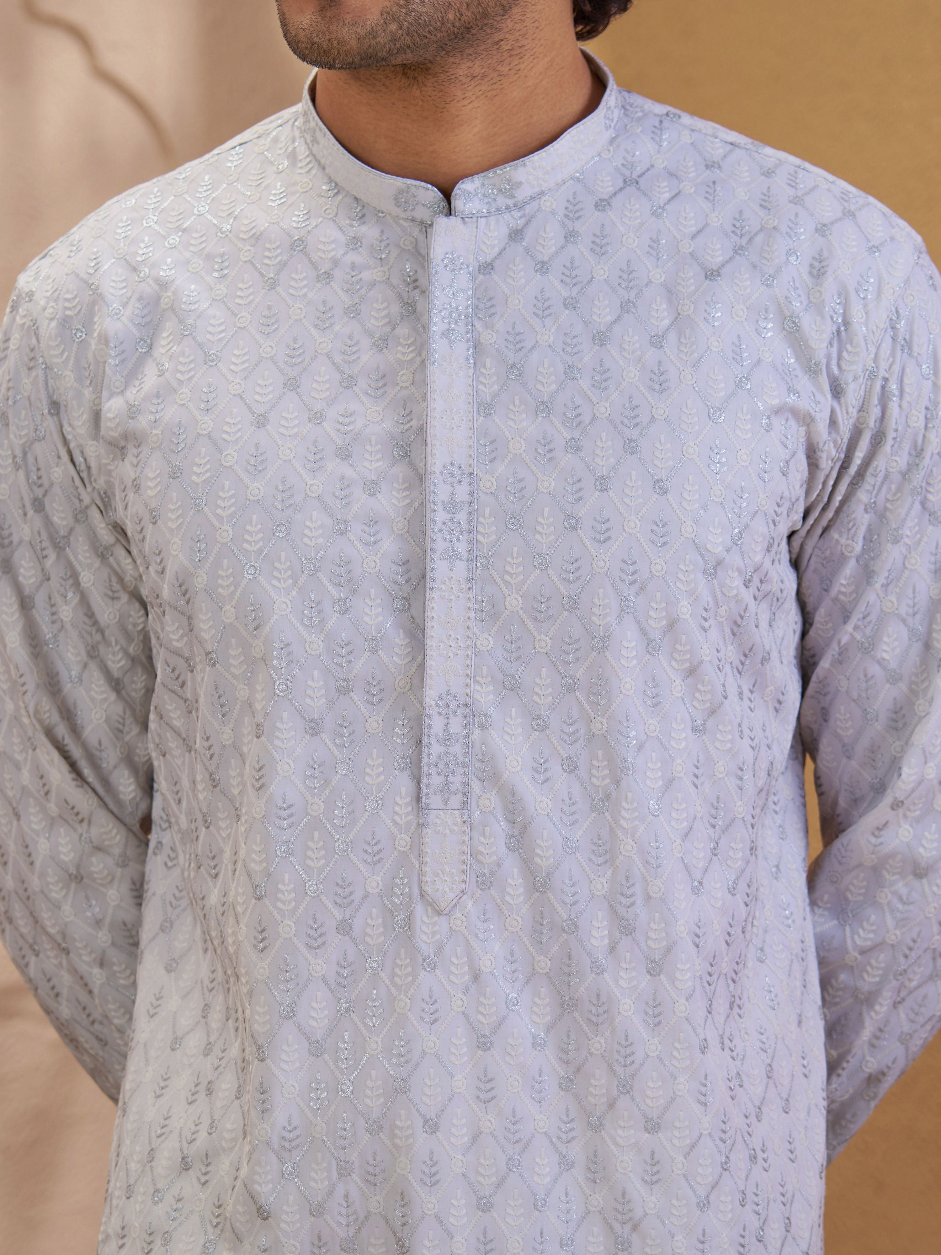 Men's Mint Woven Fabric Embroidered Thigh Length Kurta