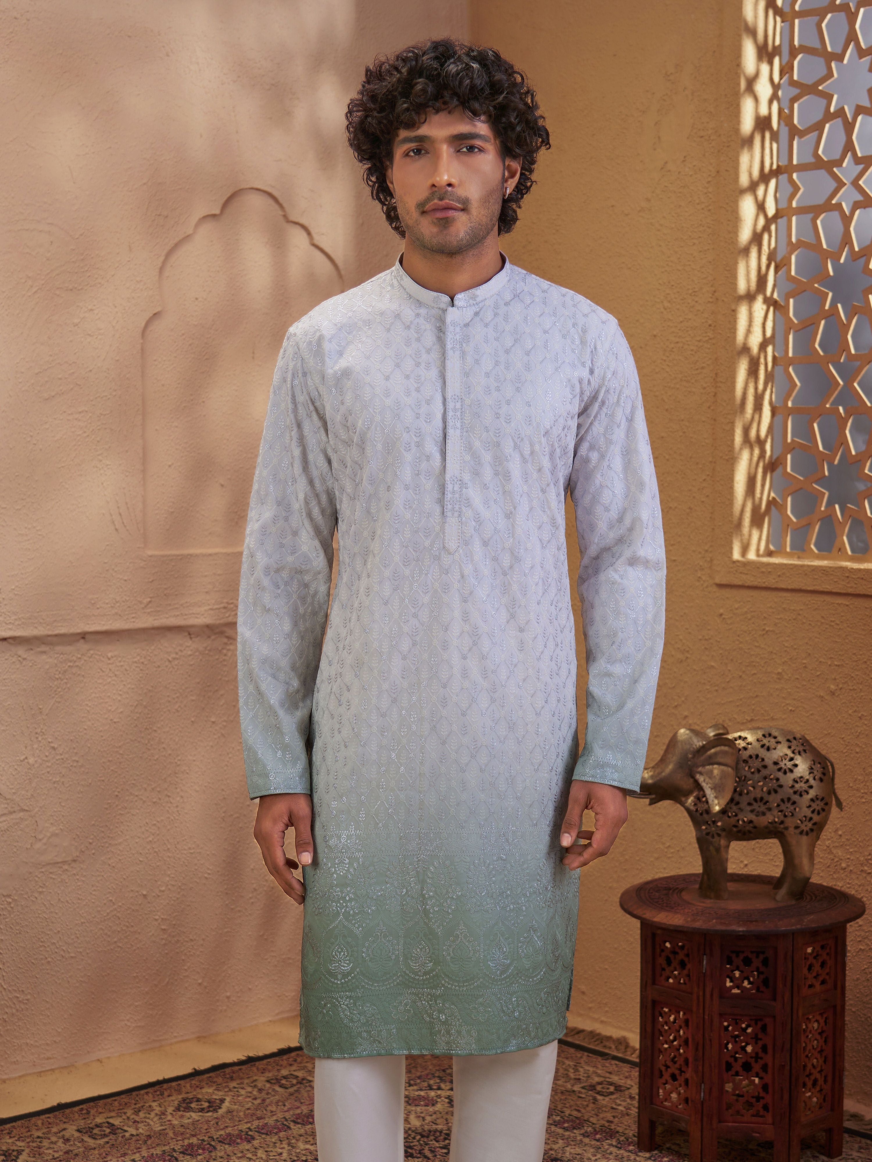 Men's Mint Woven Fabric Embroidered Thigh Length Kurta