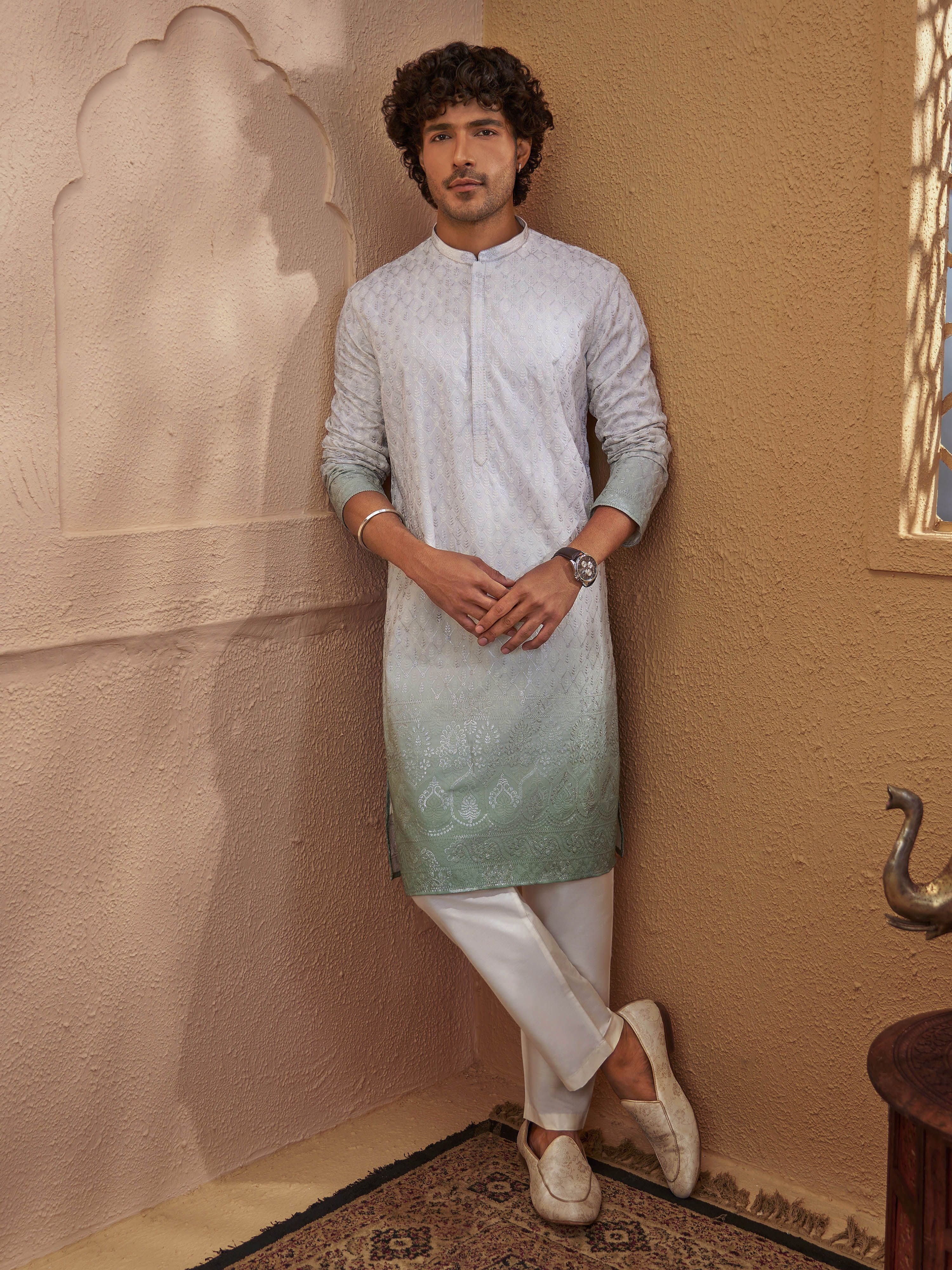 Men's Mint Woven Fabric Embroidered Thigh Length Kurta