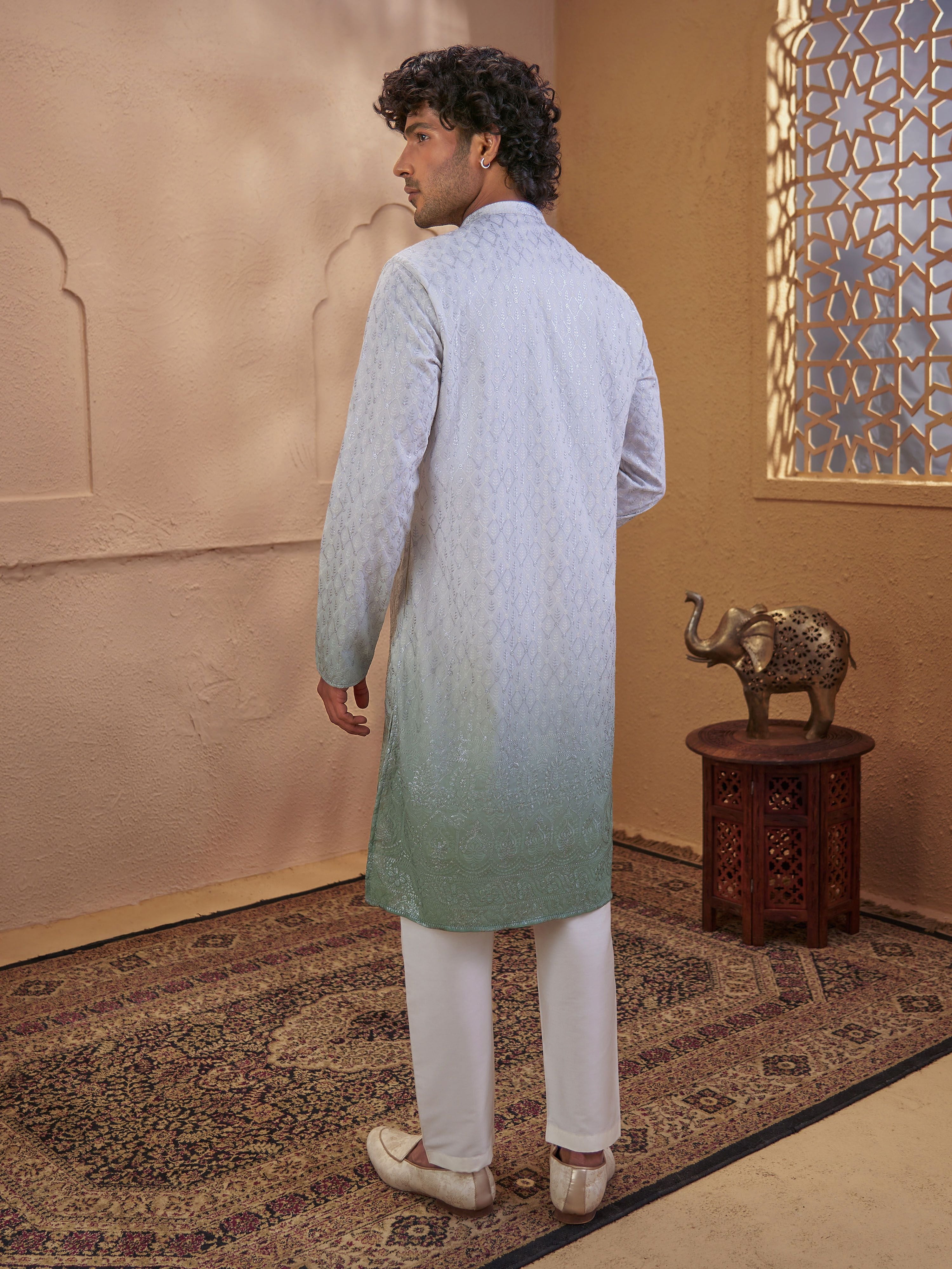 Men's Mint Viscose Ombre Thigh Length Kurta With Pyjama