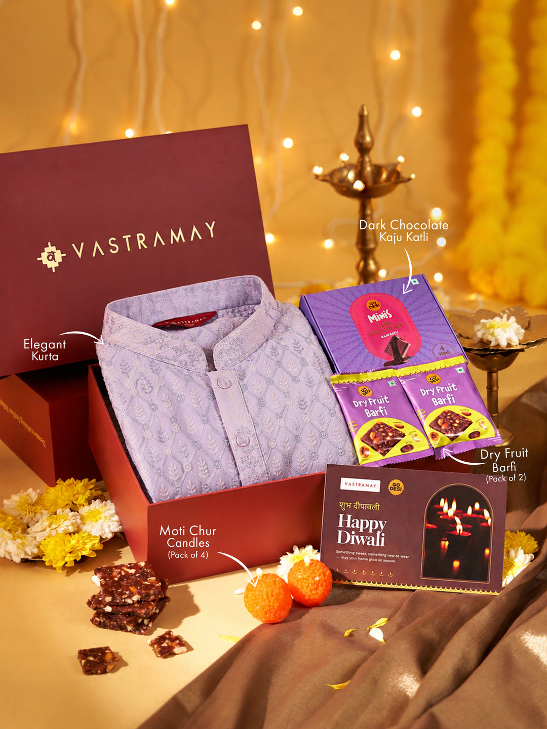 Vastramay Pink Ombre Embroidered Silk Blend Kurta | Diwali Gift Box with Go Desi Mithai &amp; 4 Laddoo Candles