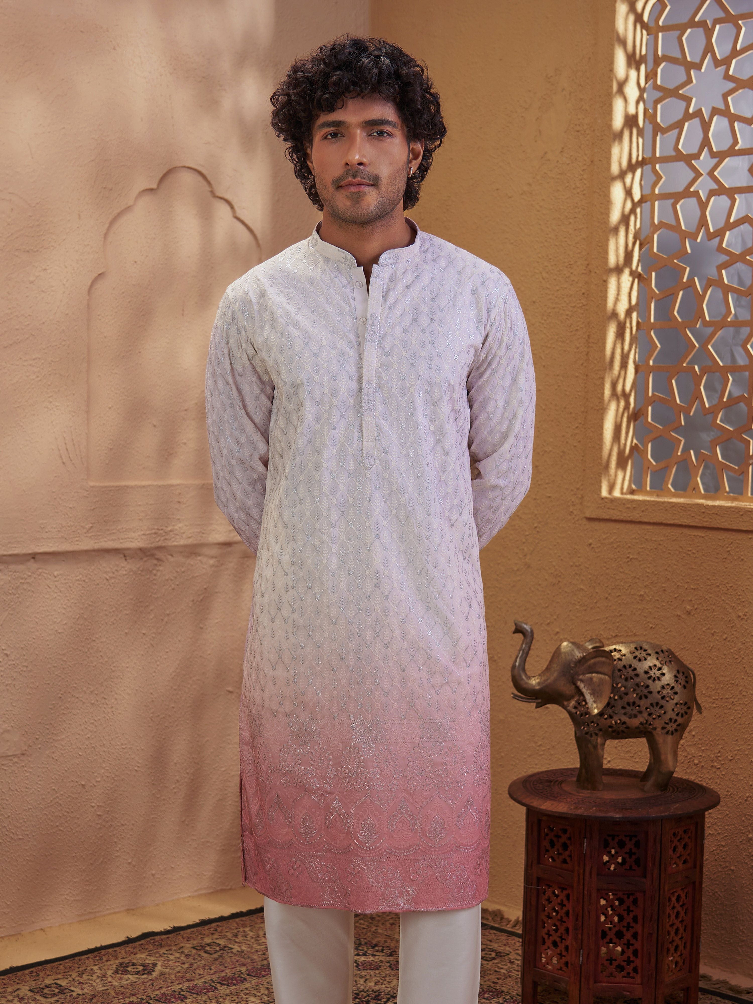 Men's Pink Woven Fabric Embroidered Thigh Length Kurta