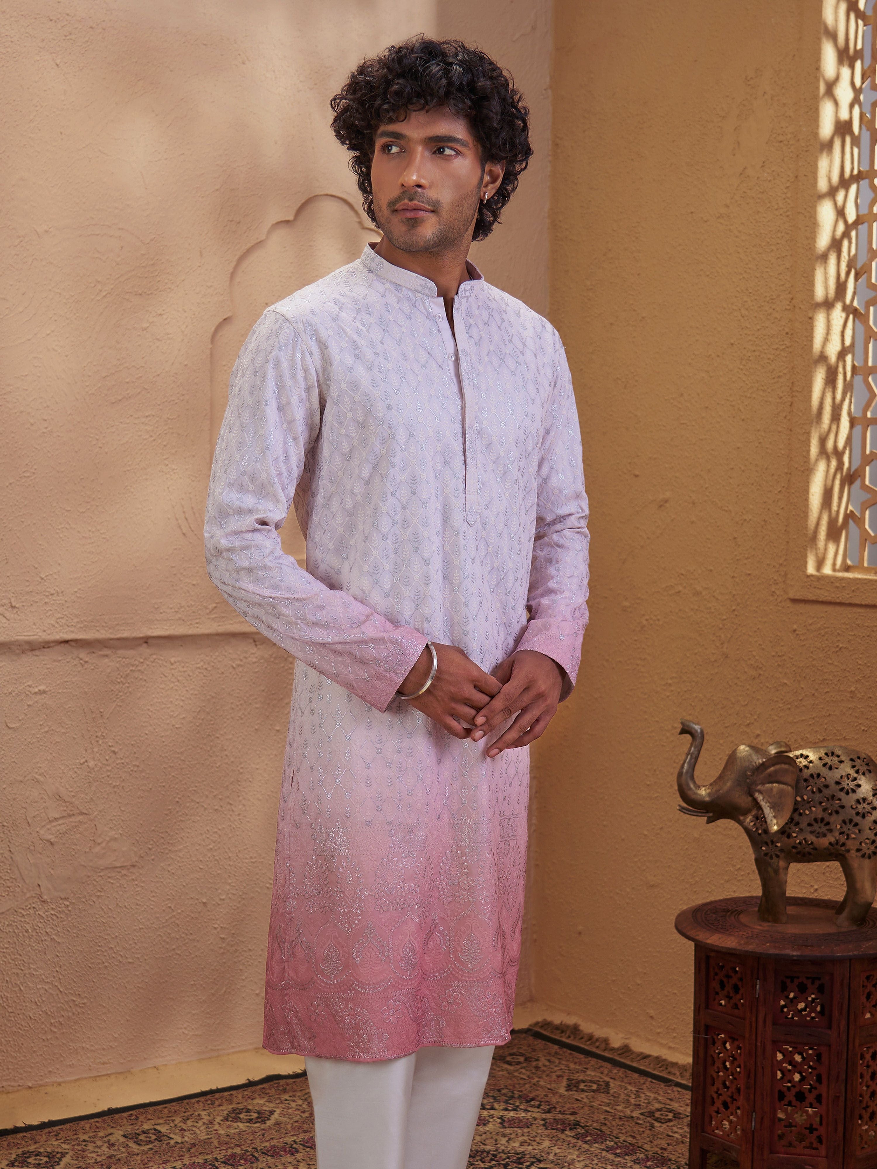 Men's Pink Woven Fabric Embroidered Thigh Length Kurta