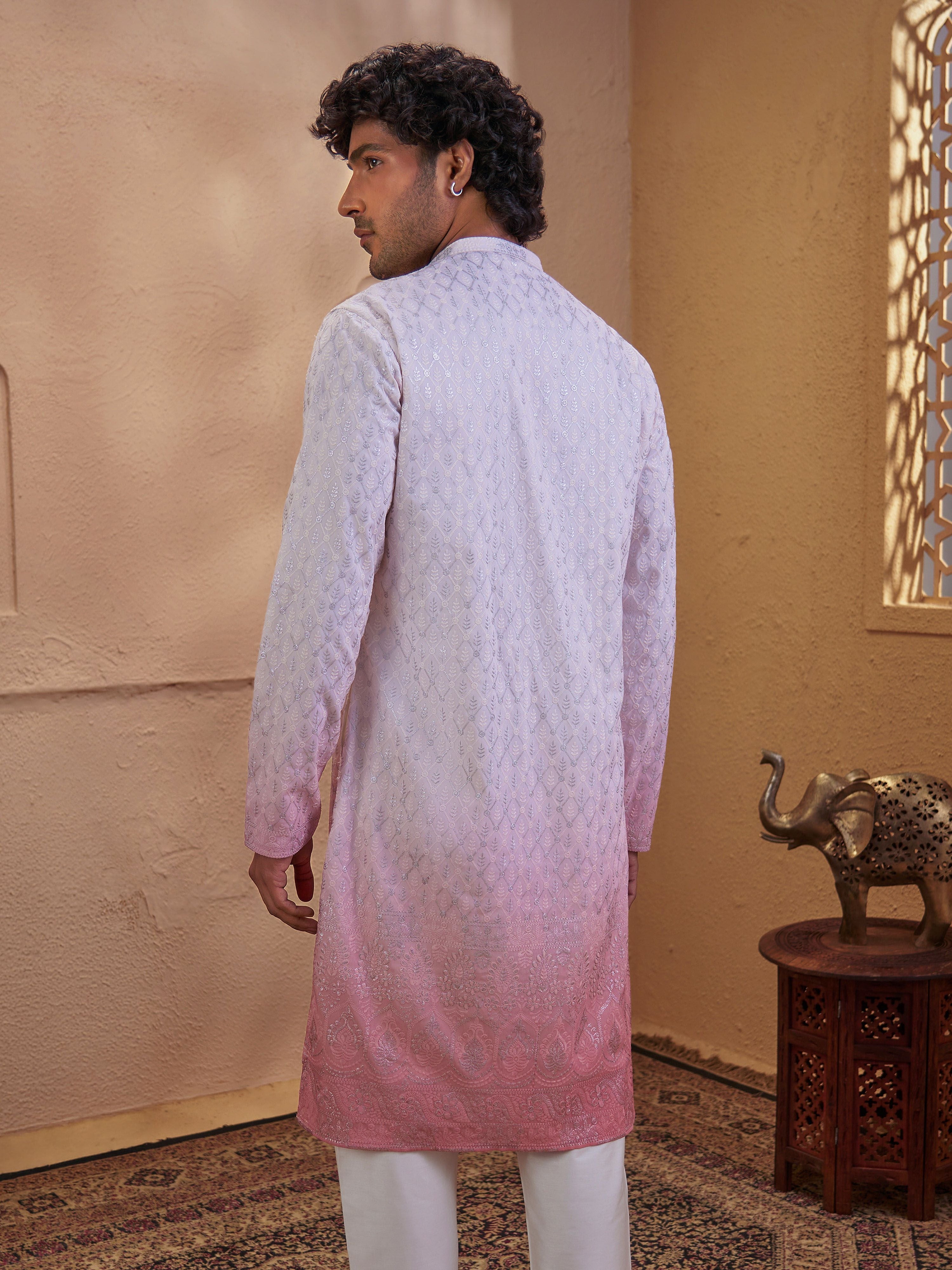 Men's Pink Woven Fabric Embroidered Thigh Length Kurta