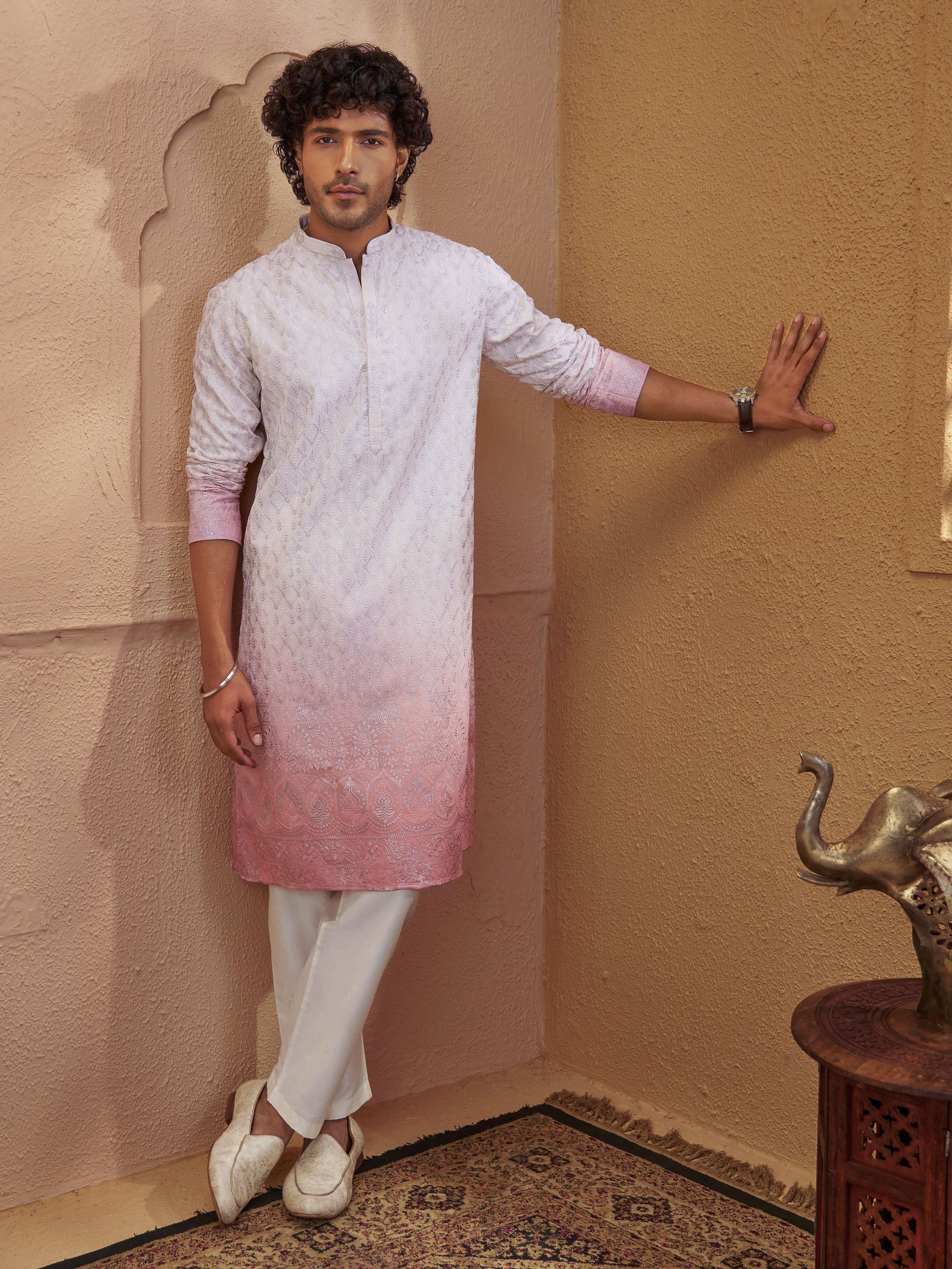 Men's Pink Woven Fabric Embroidered Thigh Length Kurta