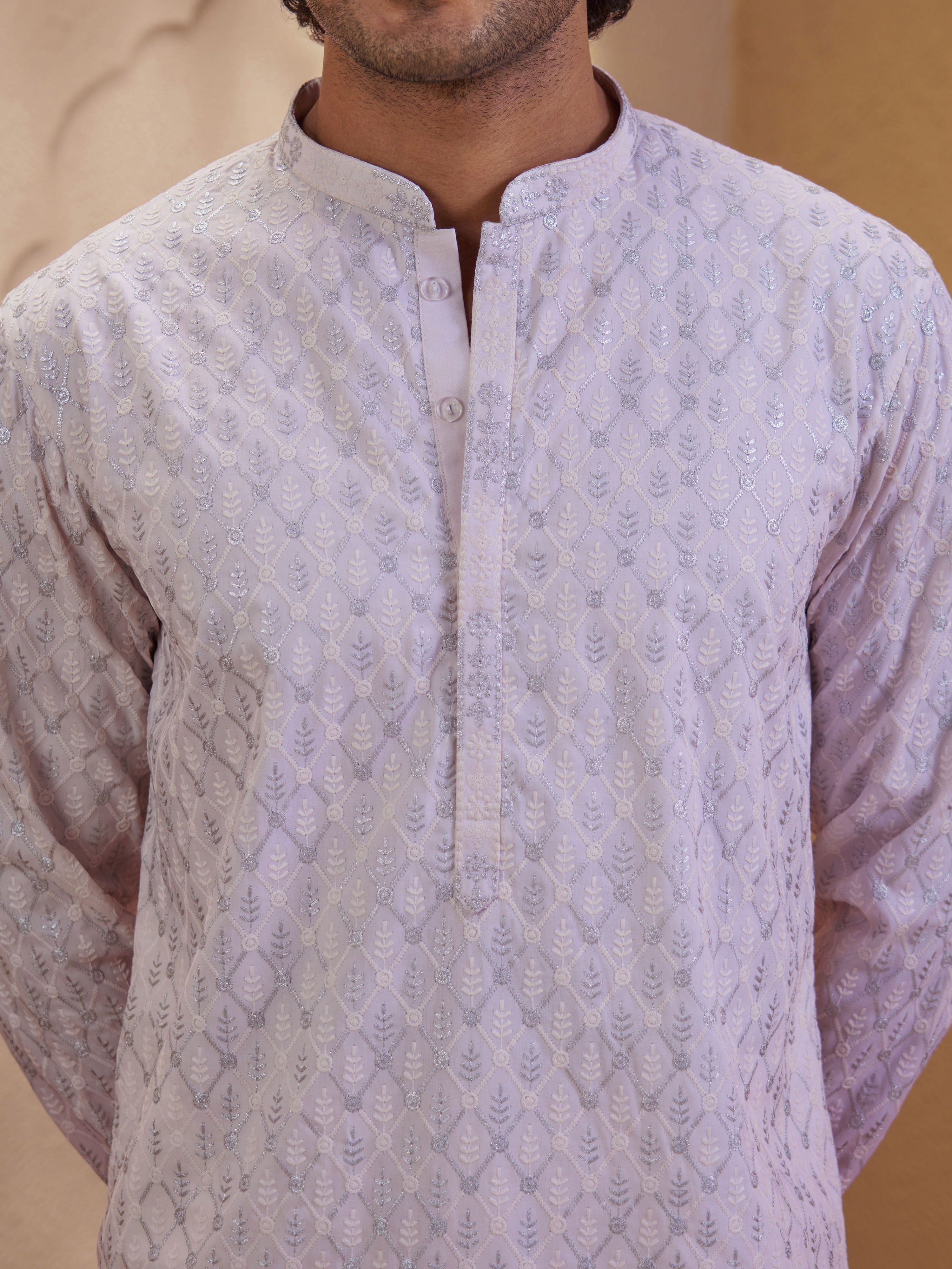 Men's Pink Viscose Embroidered Thigh Length Kurta With Pyjama