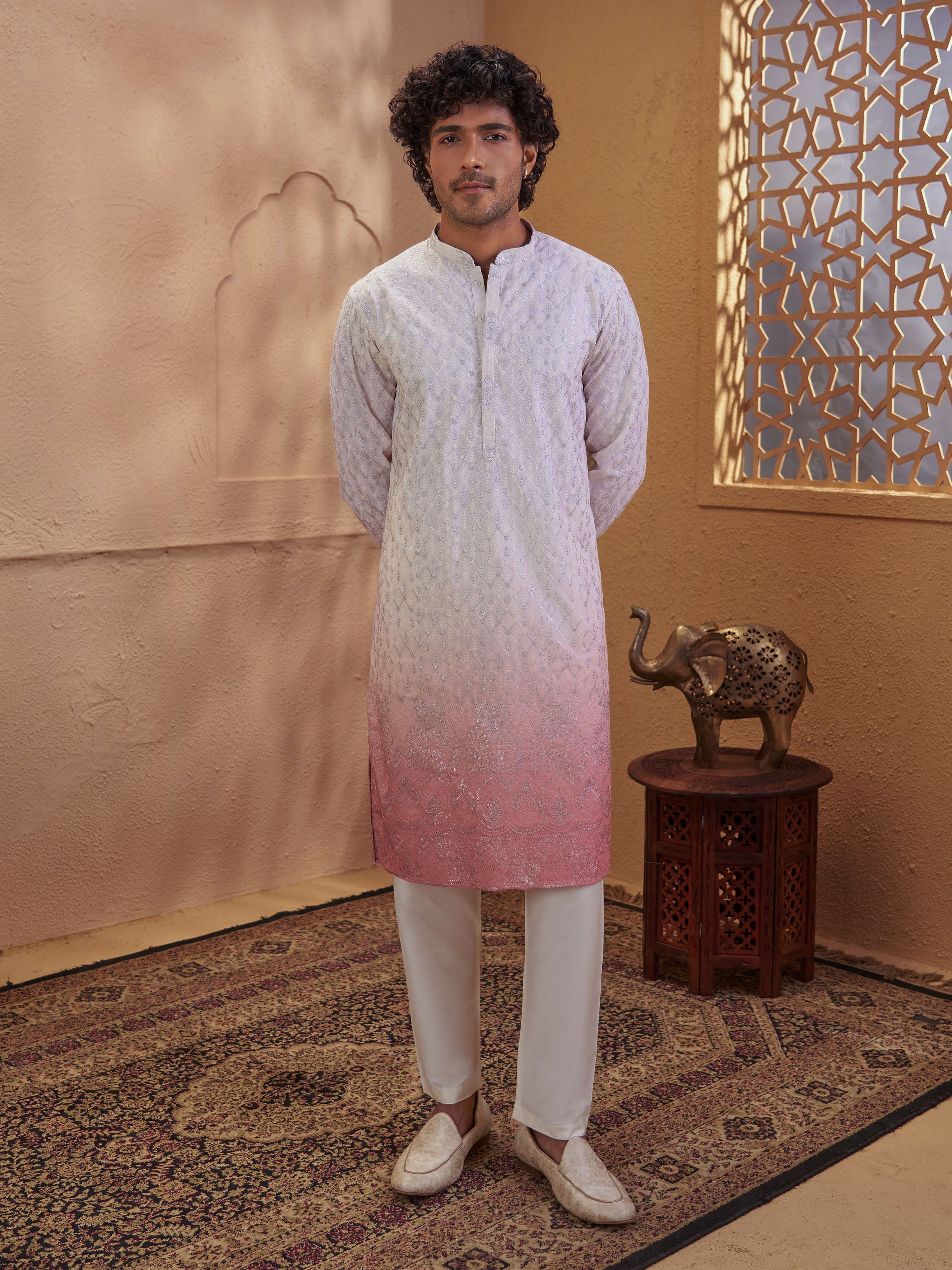 Men's Pink Viscose Embroidered Thigh Length Kurta With Pyjama
