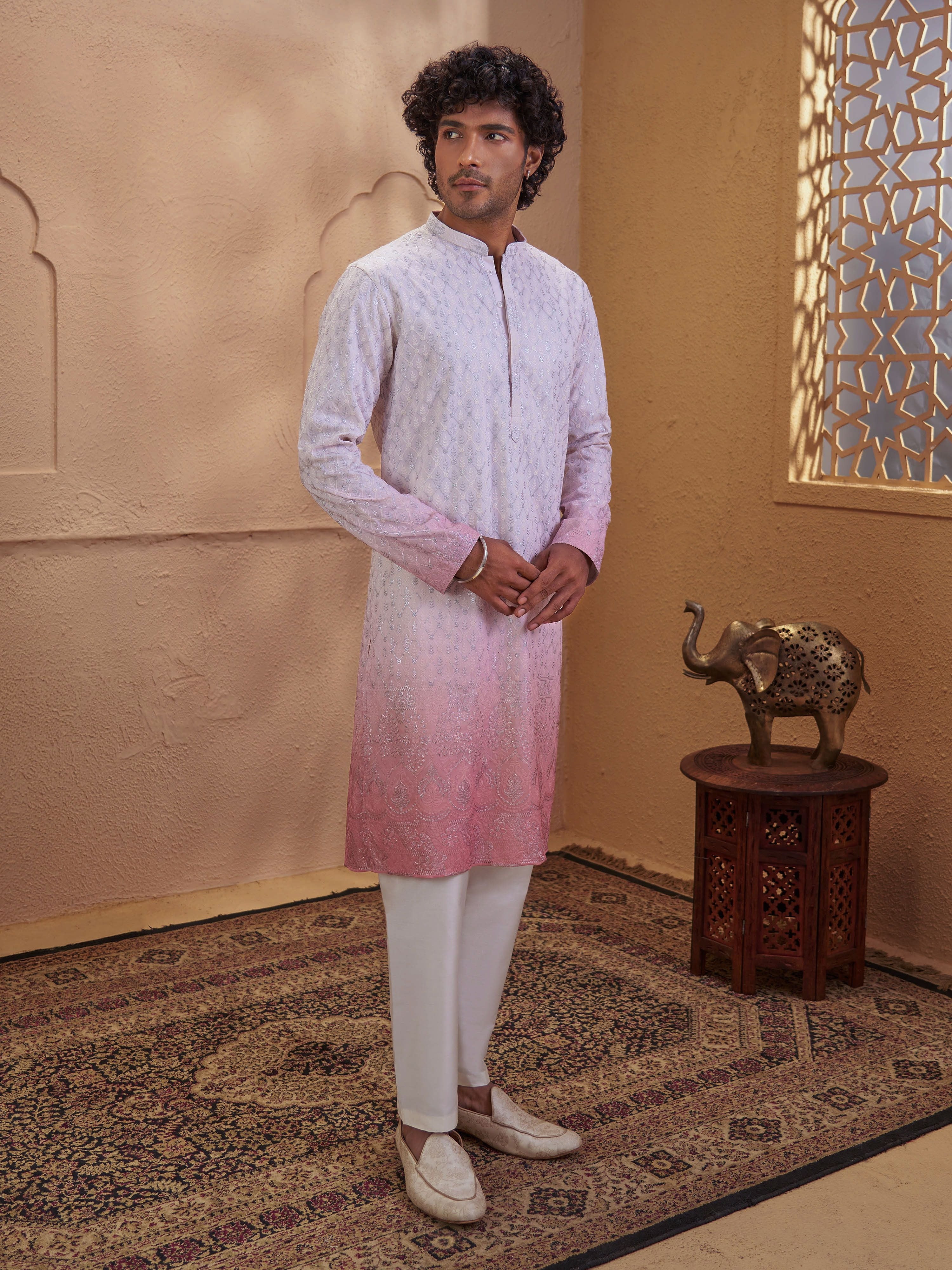 Men's Pink Viscose Embroidered Thigh Length Kurta With Pyjama