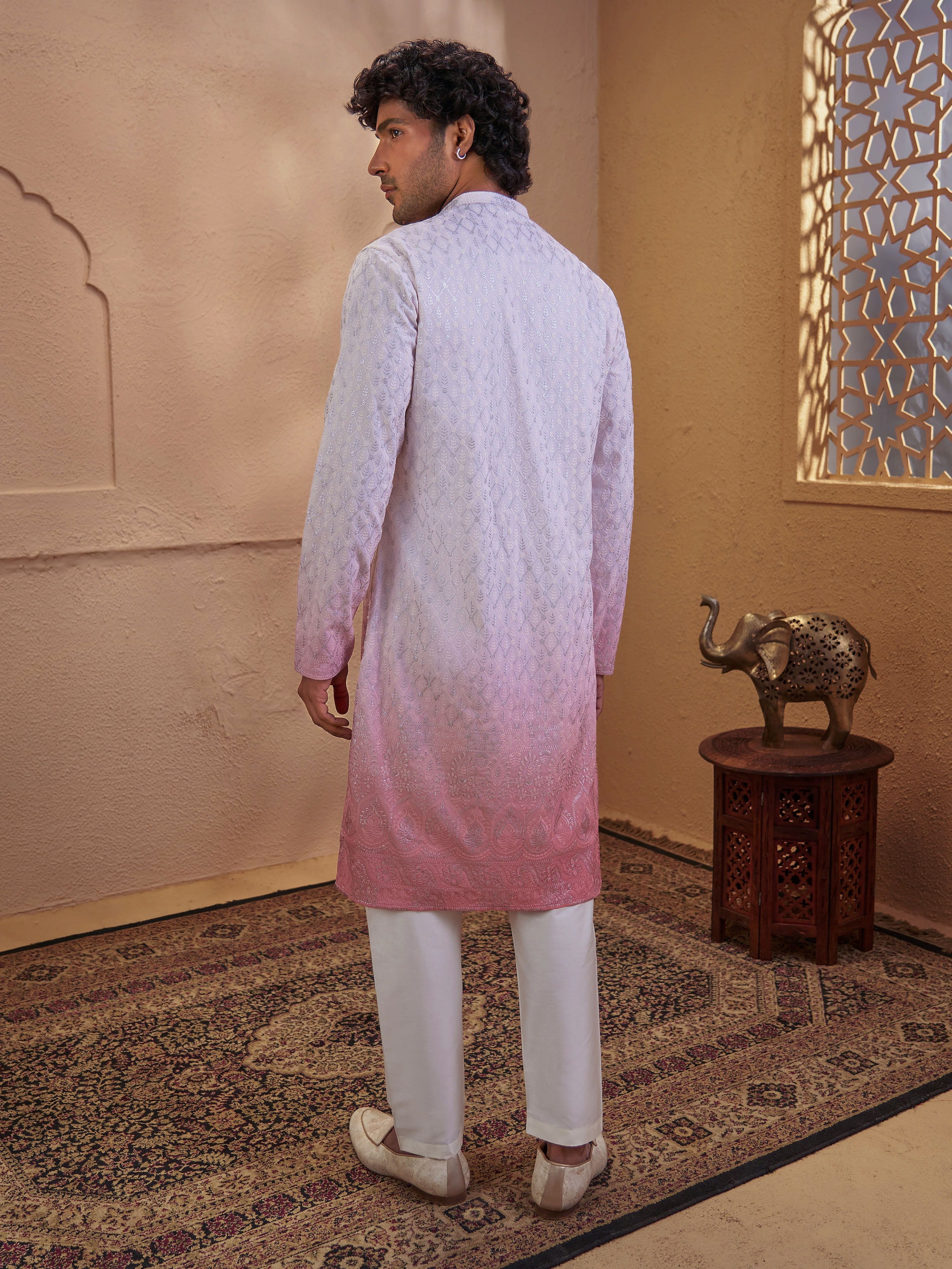 Men's Pink Viscose Embroidered Thigh Length Kurta With Pyjama