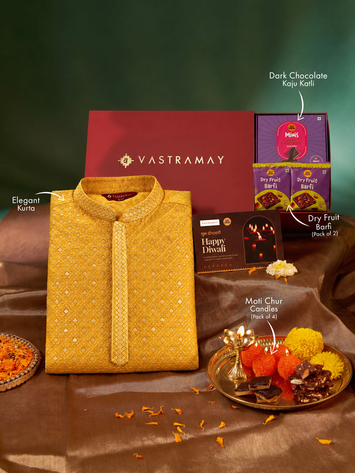 Vastramay Mustard Sequin Embroidered Silk Blend Kurta | Diwali Gift Box with Go Desi Mithai &amp; 4 Laddoo Candles
