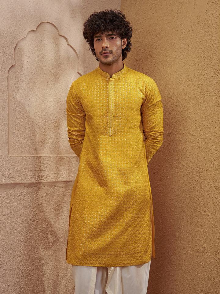 Vastramay Mustard Sequin Embroidered Silk Blend Kurta | Diwali Gift Box with Go Desi Mithai &amp; 4 Laddoo Candles