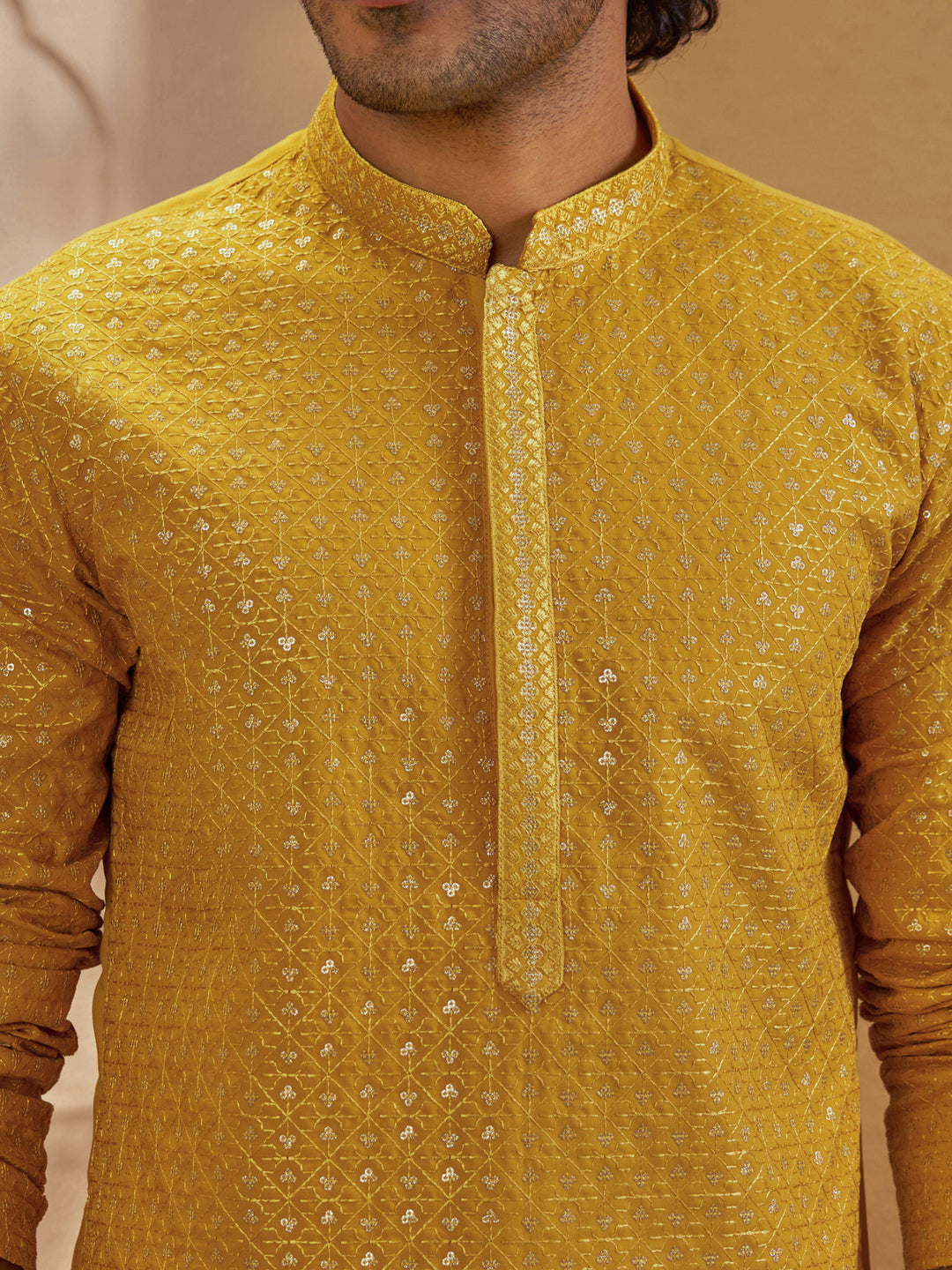 Vastramay Mustard Sequin Embroidered Silk Blend Kurta | Diwali Gift Box with Go Desi Mithai &amp; 4 Laddoo Candles
