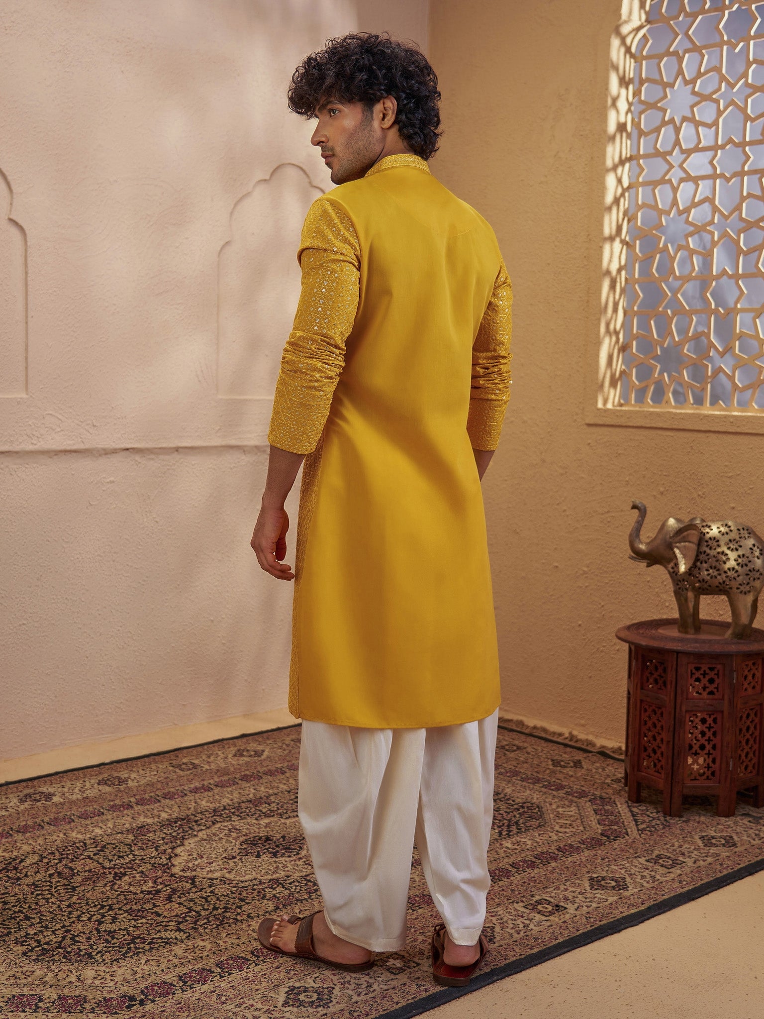 Men's Mustard Silk-Blend Embellished Thigh Length Kurta with Dhoti