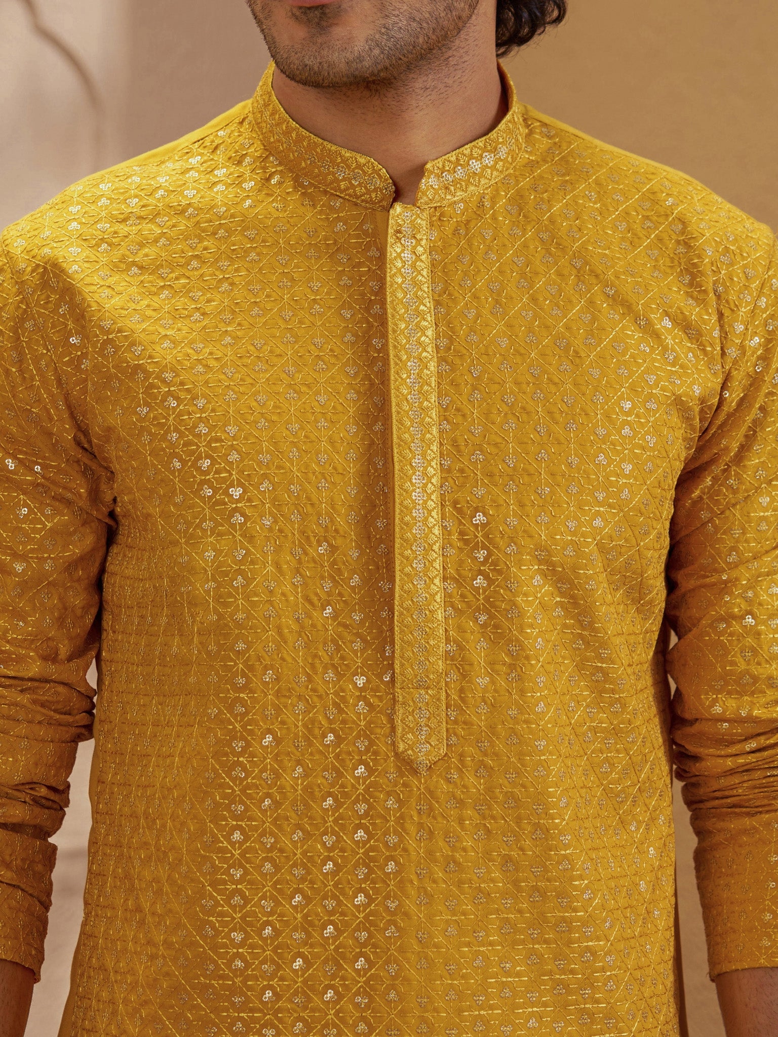 Men's Mustard Silk-Blend Embellished Thigh Length Kurta with Pyjama