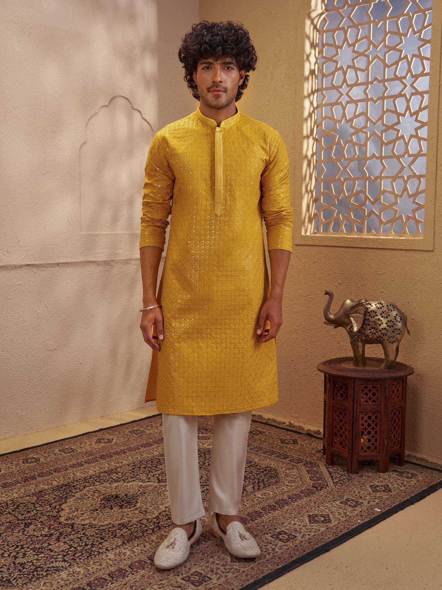 Men's Mustard Silk-Blend Embellished Thigh Length Kurta with Pyjama