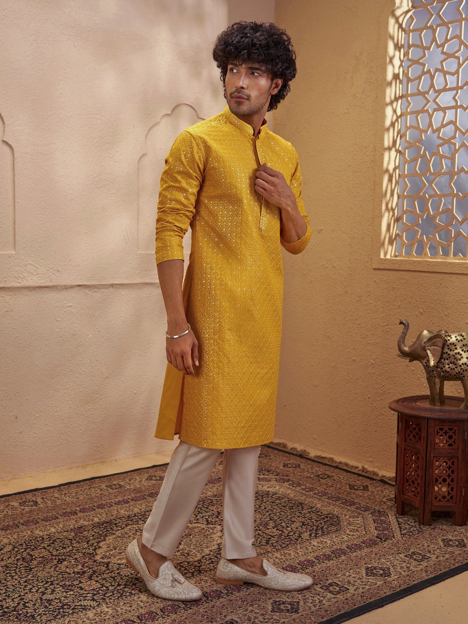 Men's Mustard Silk-Blend Embellished Thigh Length Kurta with Pyjama