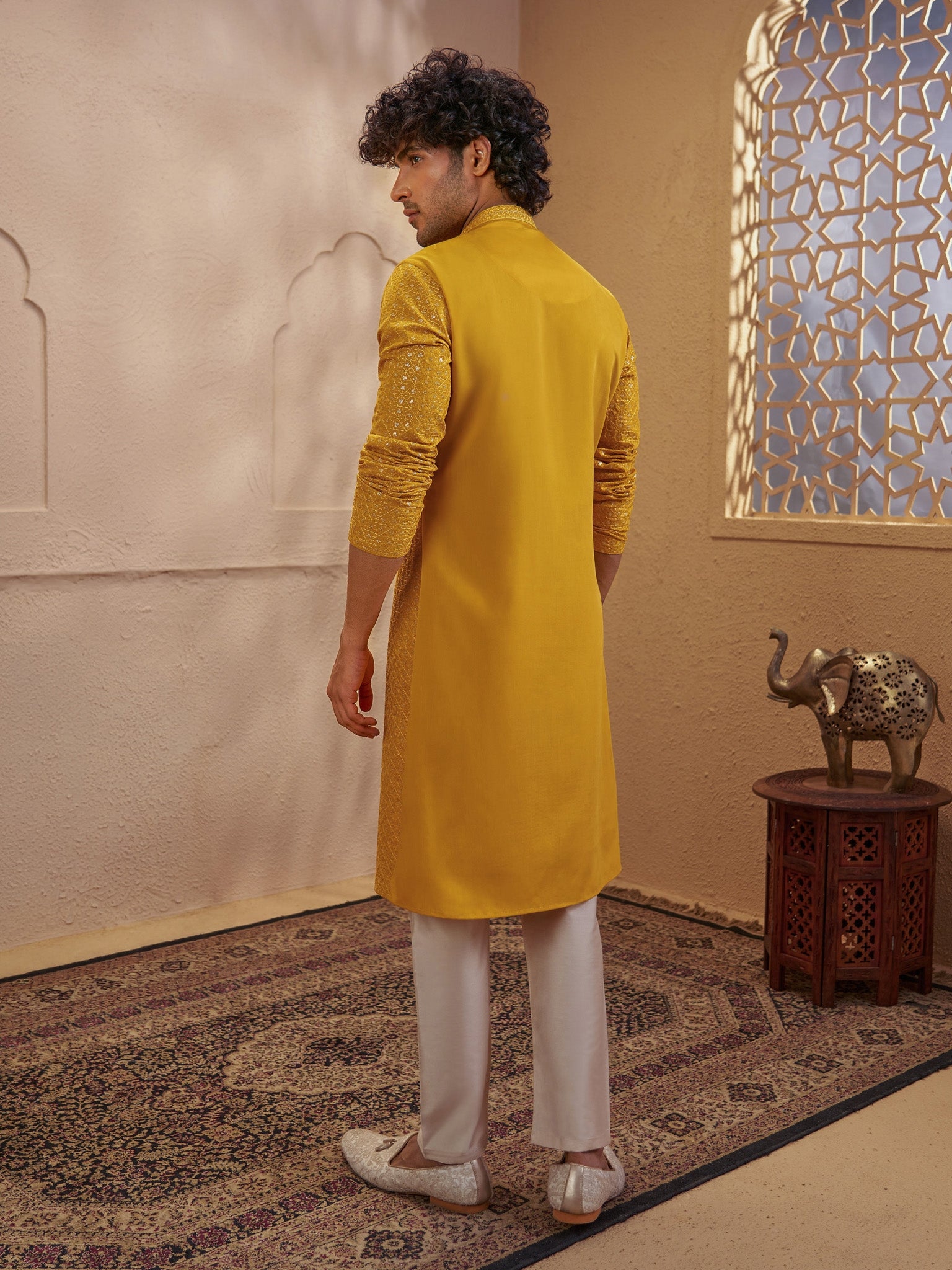 Men's Mustard Silk-Blend Embellished Thigh Length Kurta with Pyjama